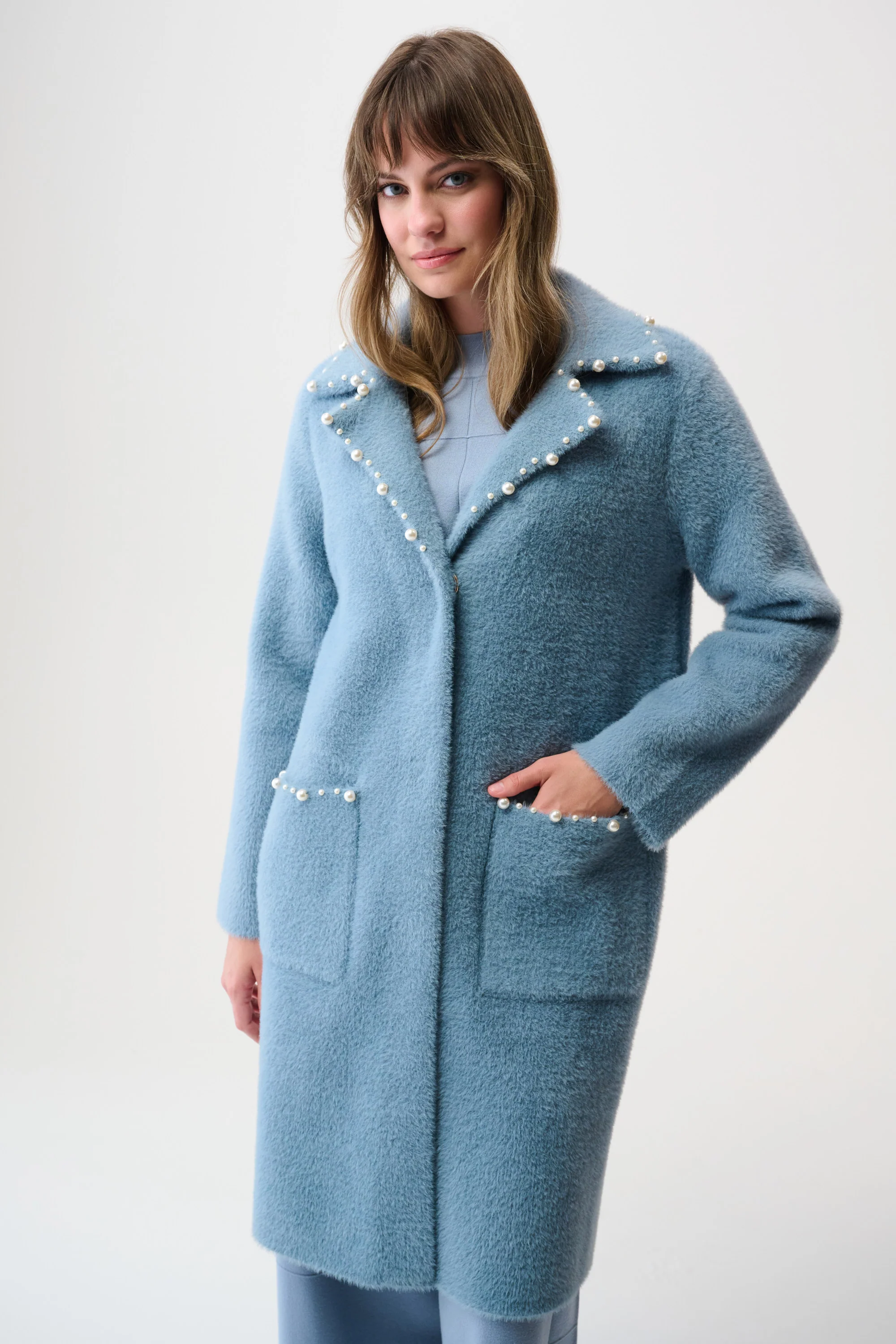 Joseph Ribkoff Feather Yarn Sweater Coat with Pearl Trim Style 261997 - Image 5