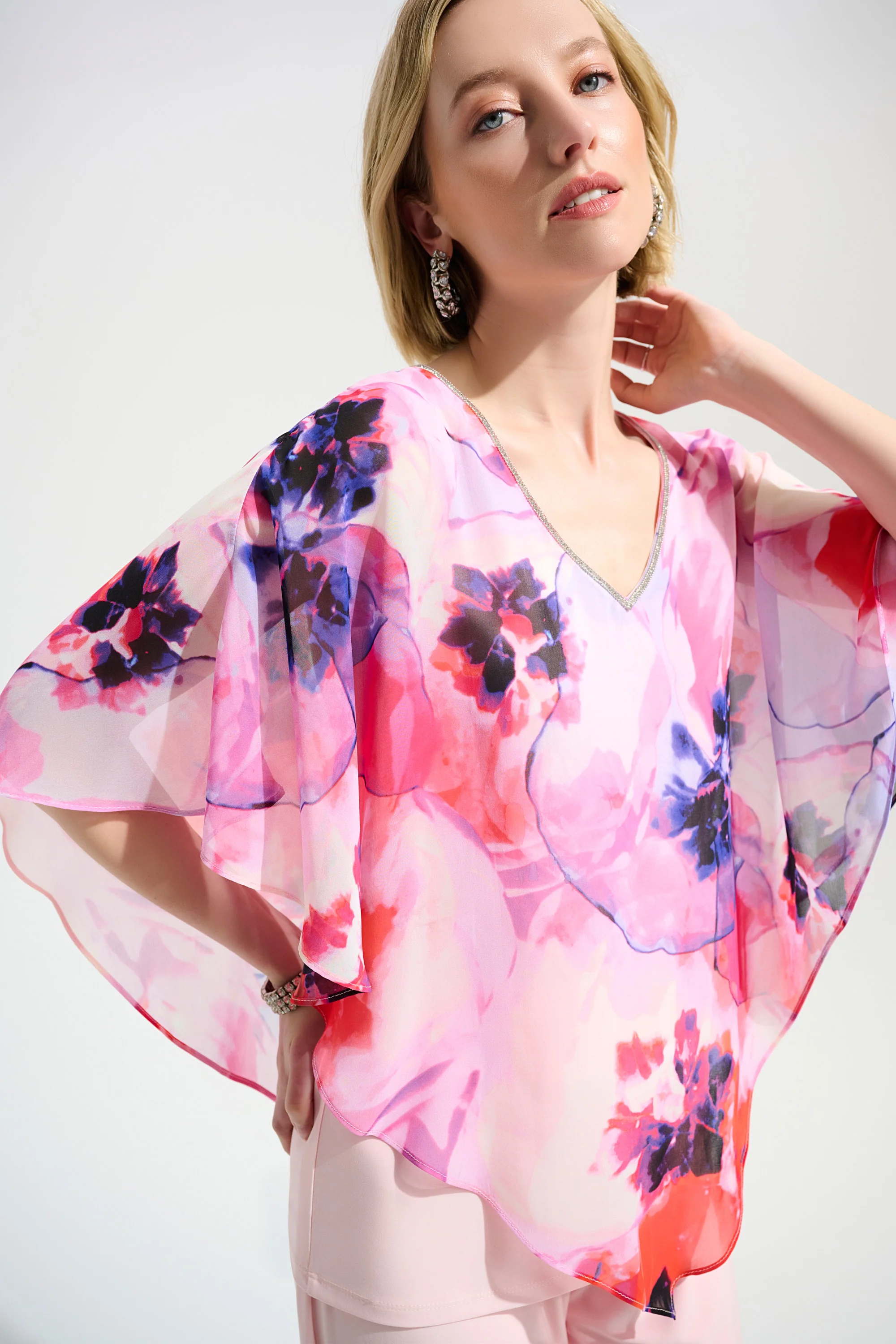 Joseph Ribkoff Floral Print Poncho Top With Chiffon Layer Style 261777 - Image 3
