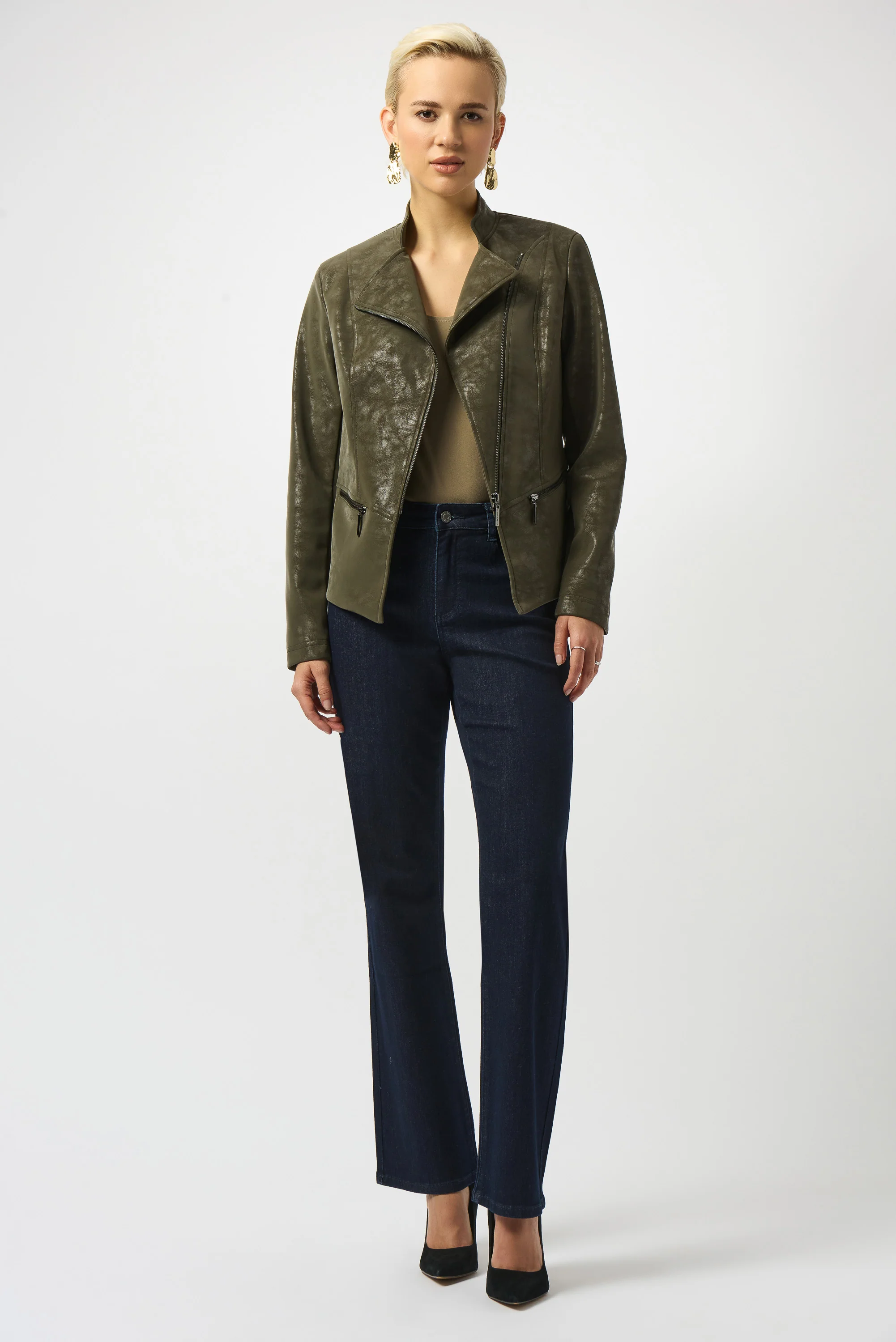 Joseph Ribkoff Foiled Faux Suede Fitted Moto Jacket Style 253915 - Image 2