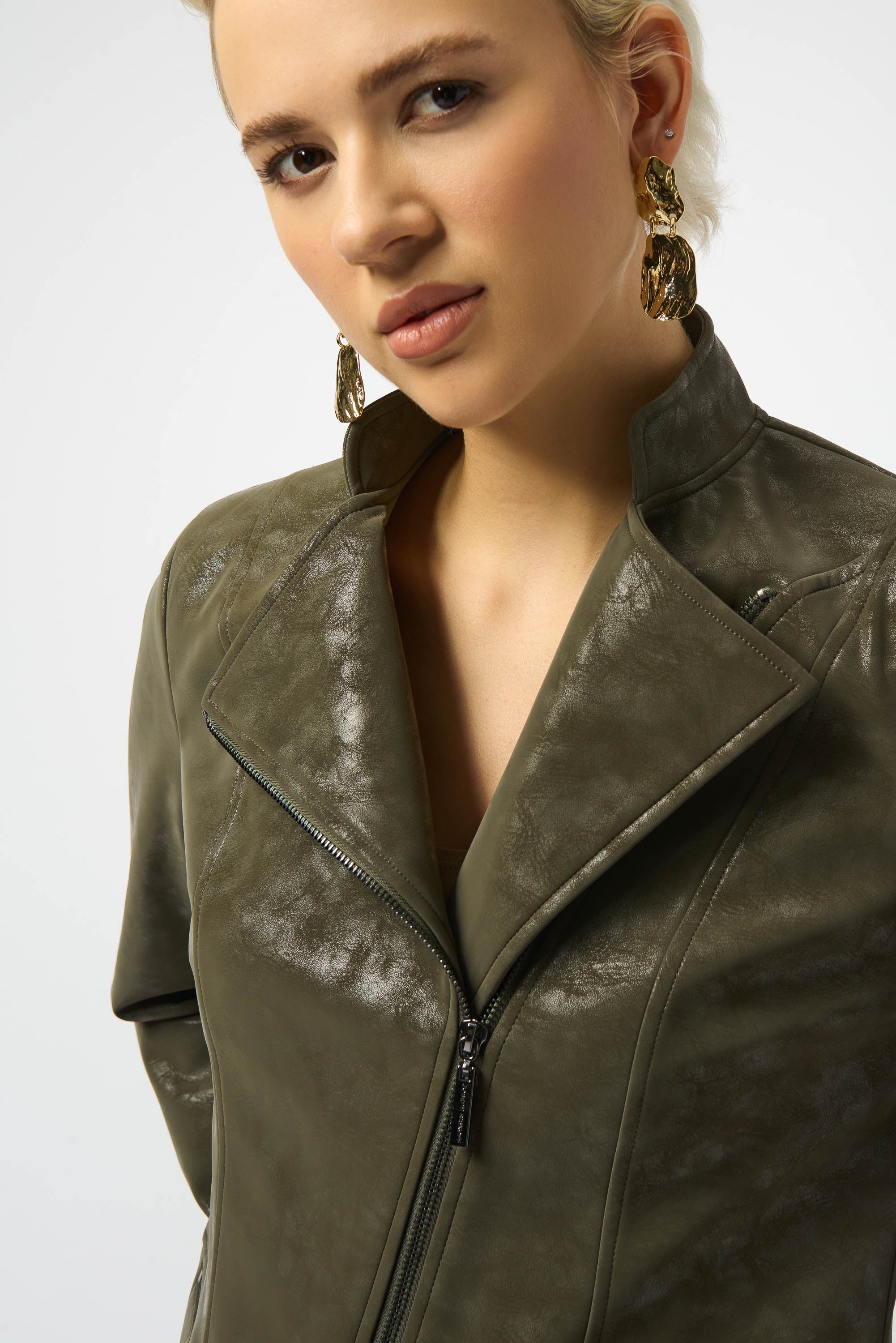 Joseph Ribkoff Foiled Faux Suede Fitted Moto Jacket Style 253915 - Image 3