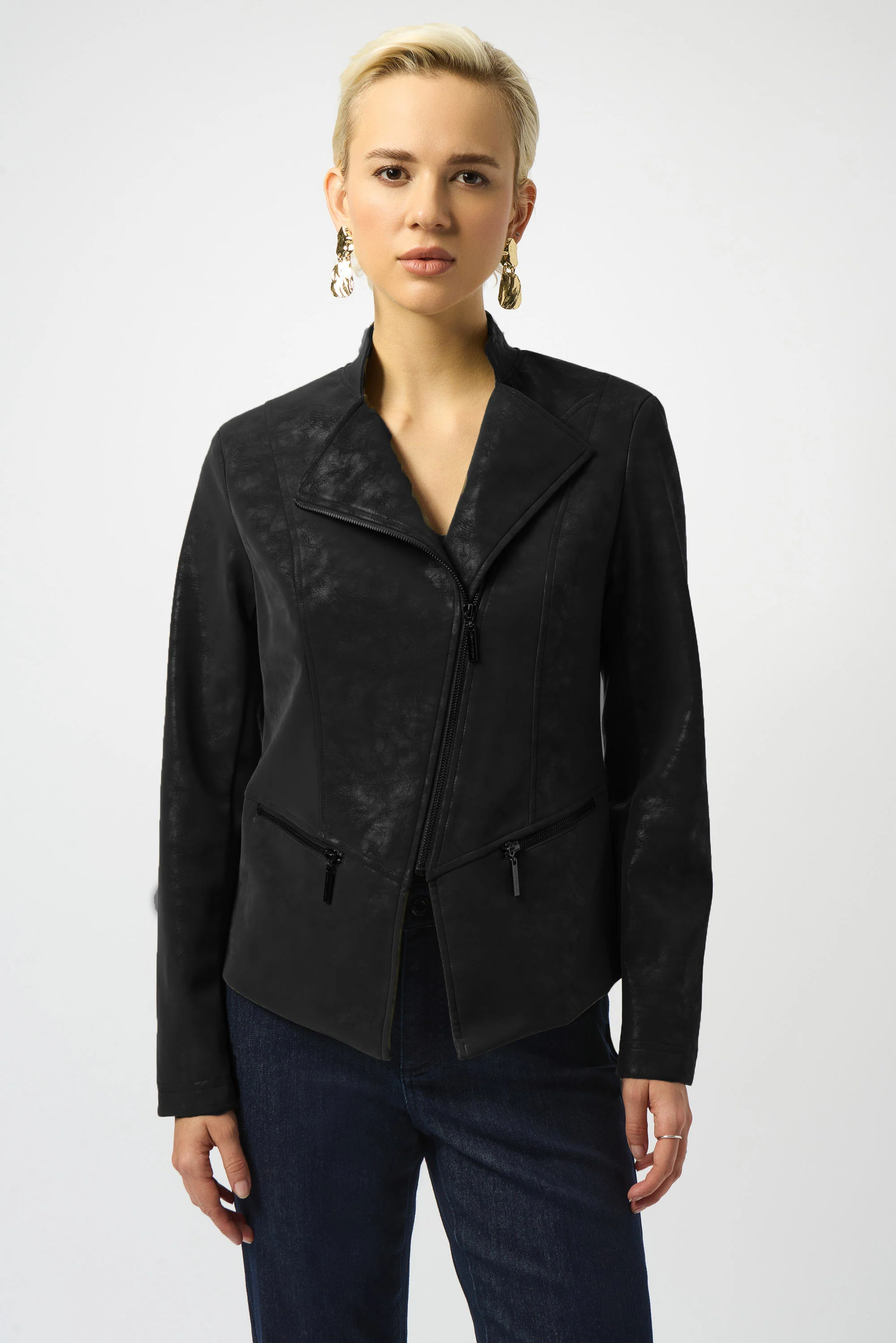 Joseph Ribkoff Foiled Faux Suede Fitted Moto Jacket Style 253915 - Image 5