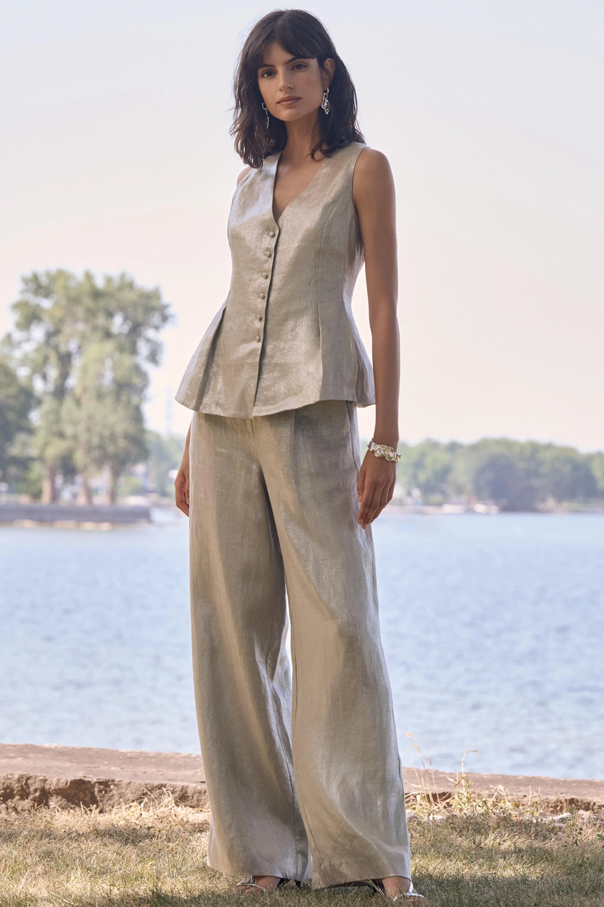 Joseph Ribkoff Foiled Linen Pull-On Wide Leg Pants Style 262947 - Image 2