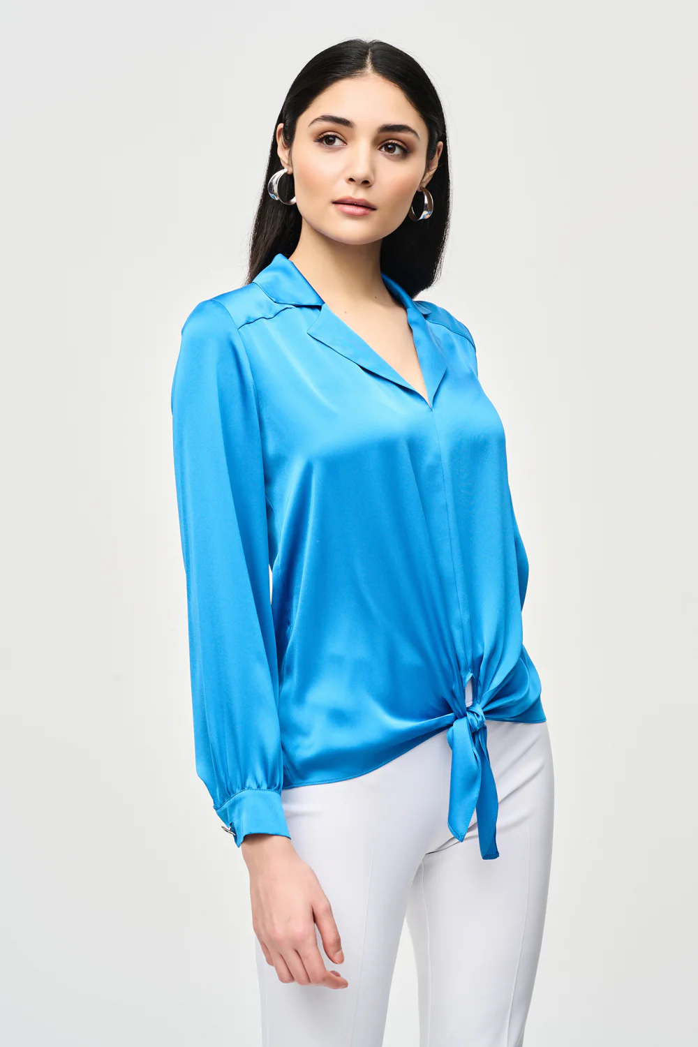 Joseph Ribkoff French Blue Puff Sleeve Satin Top Style 241214 - Image 2