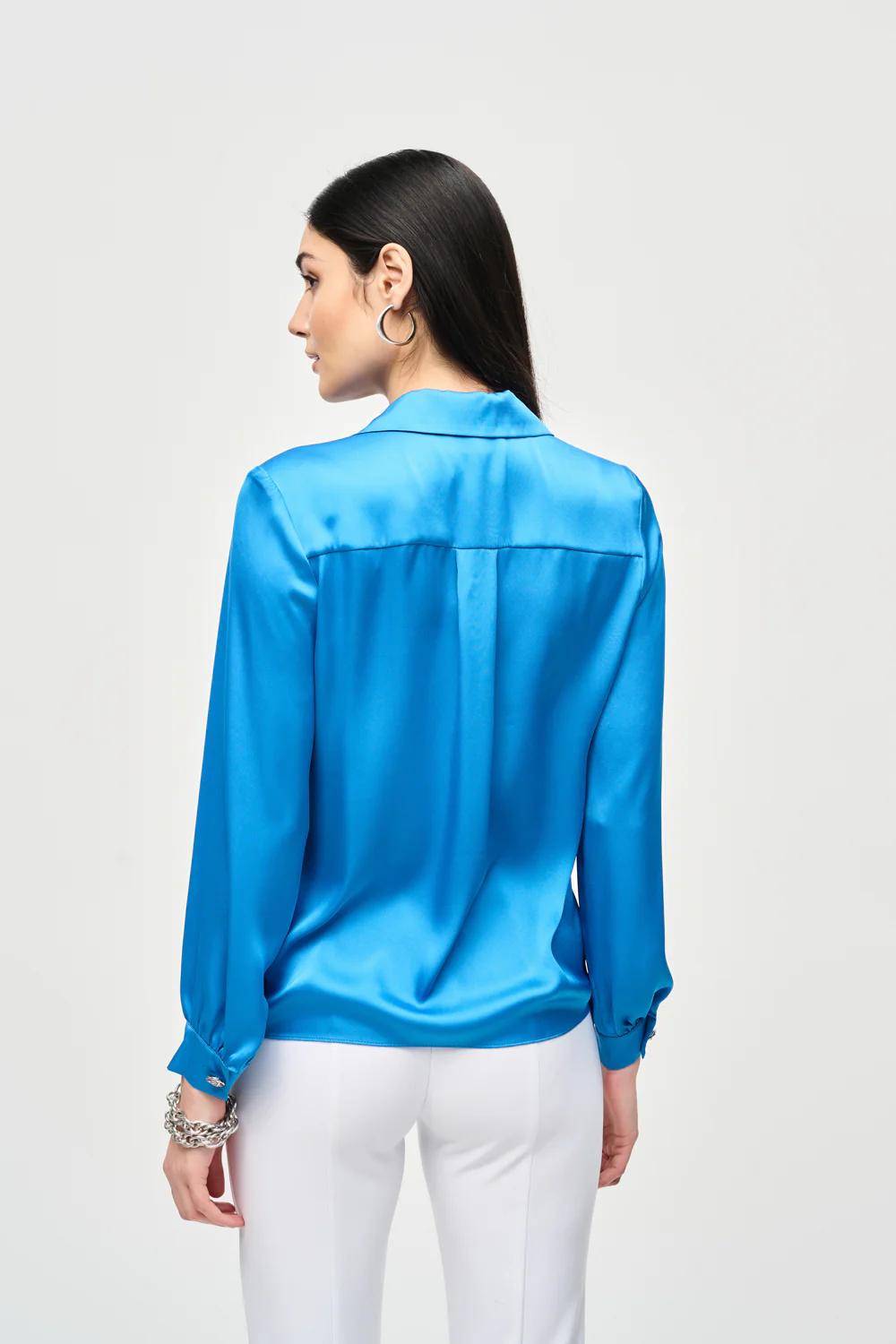 Joseph Ribkoff French Blue Puff Sleeve Satin Top Style 241214 - Image 3