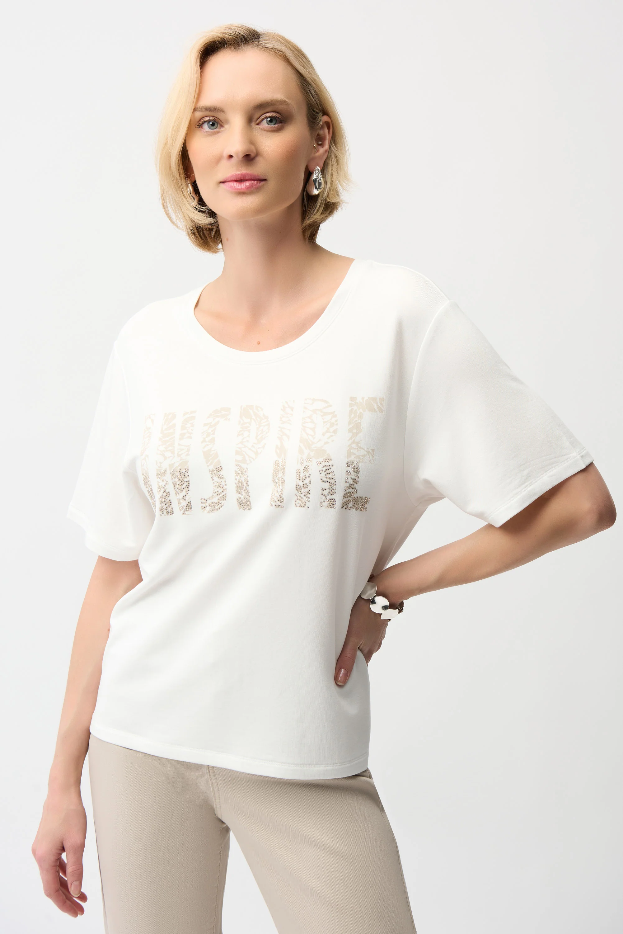 Joseph Ribkoff Front Print Straight T-Shirt With Rhinestones Style 261967