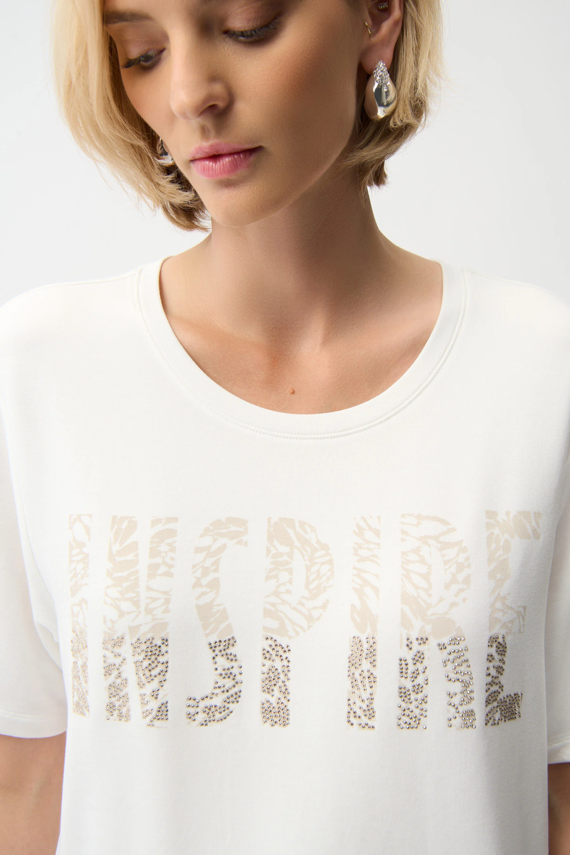 Joseph Ribkoff Front Print Straight T-Shirt With Rhinestones Style 261967 - Image 3