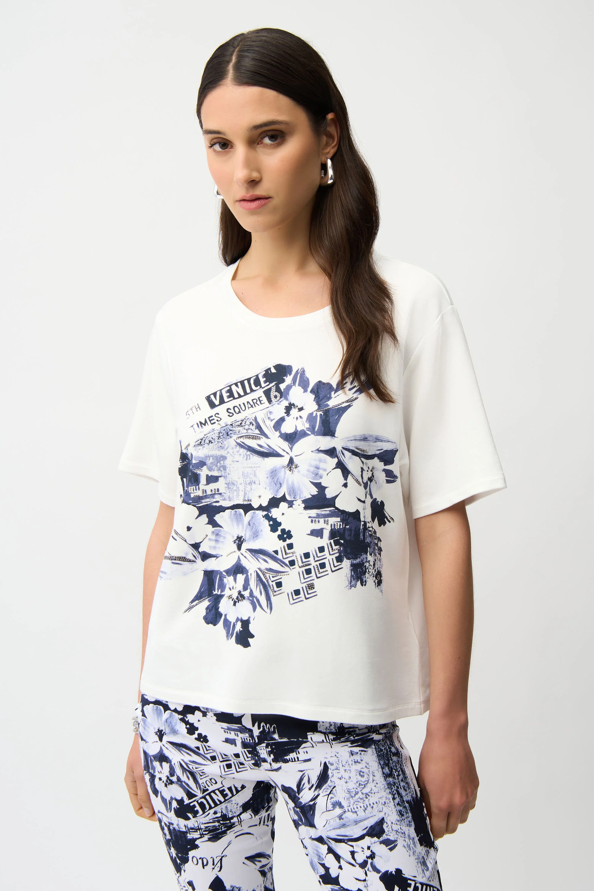 Joseph Ribkoff Front Print Straight T-Shirt With Rhinestones Style 261967 - Image 5