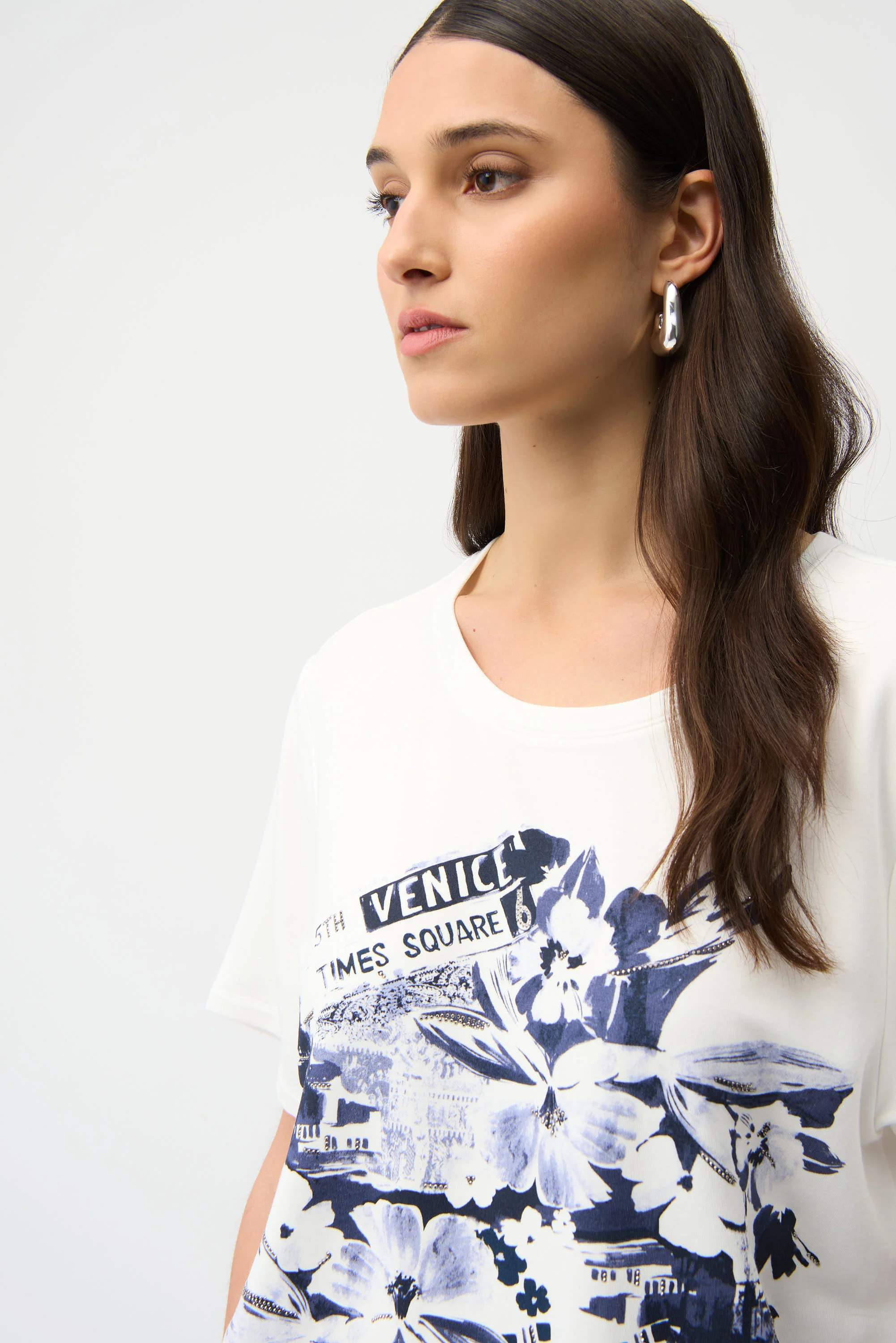 Joseph Ribkoff Front Print Straight T-Shirt With Rhinestones Style 261967 - Image 7