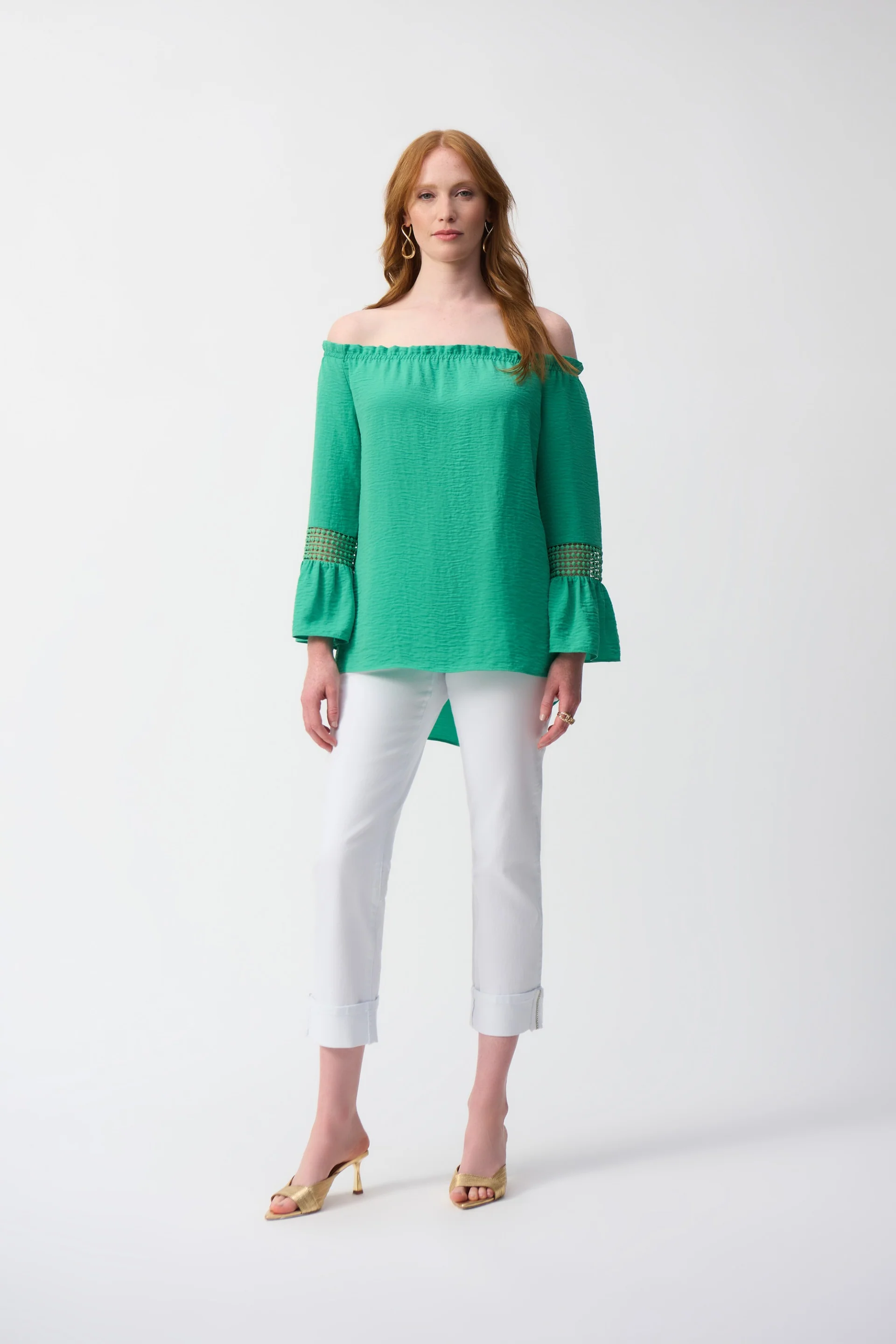 Joseph Ribkoff Garden Green Gauze Off-Shoulder Flared Tunic Style 251194 - Image 2