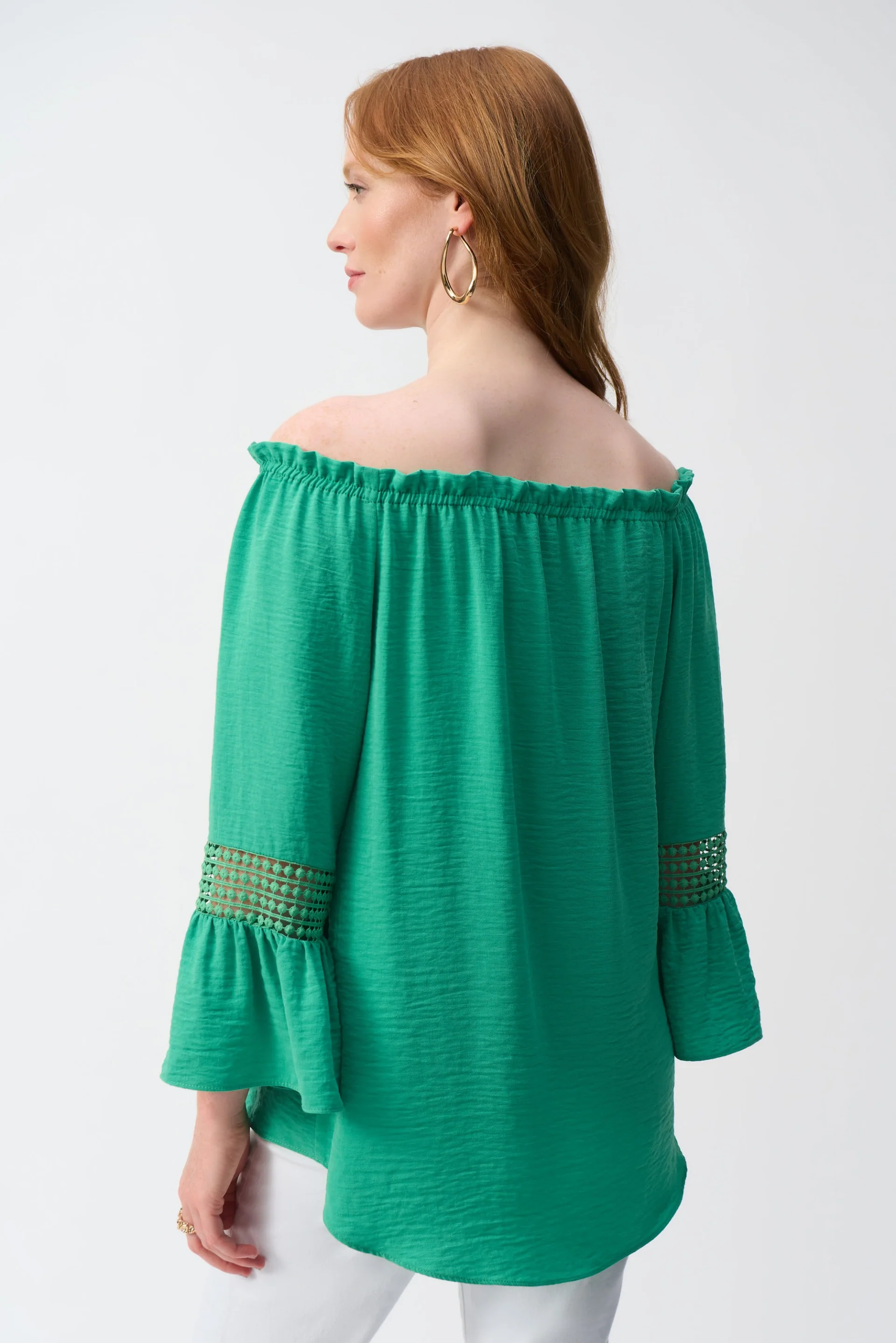 Joseph Ribkoff Garden Green Gauze Off-Shoulder Flared Tunic Style 251194 - Image 3