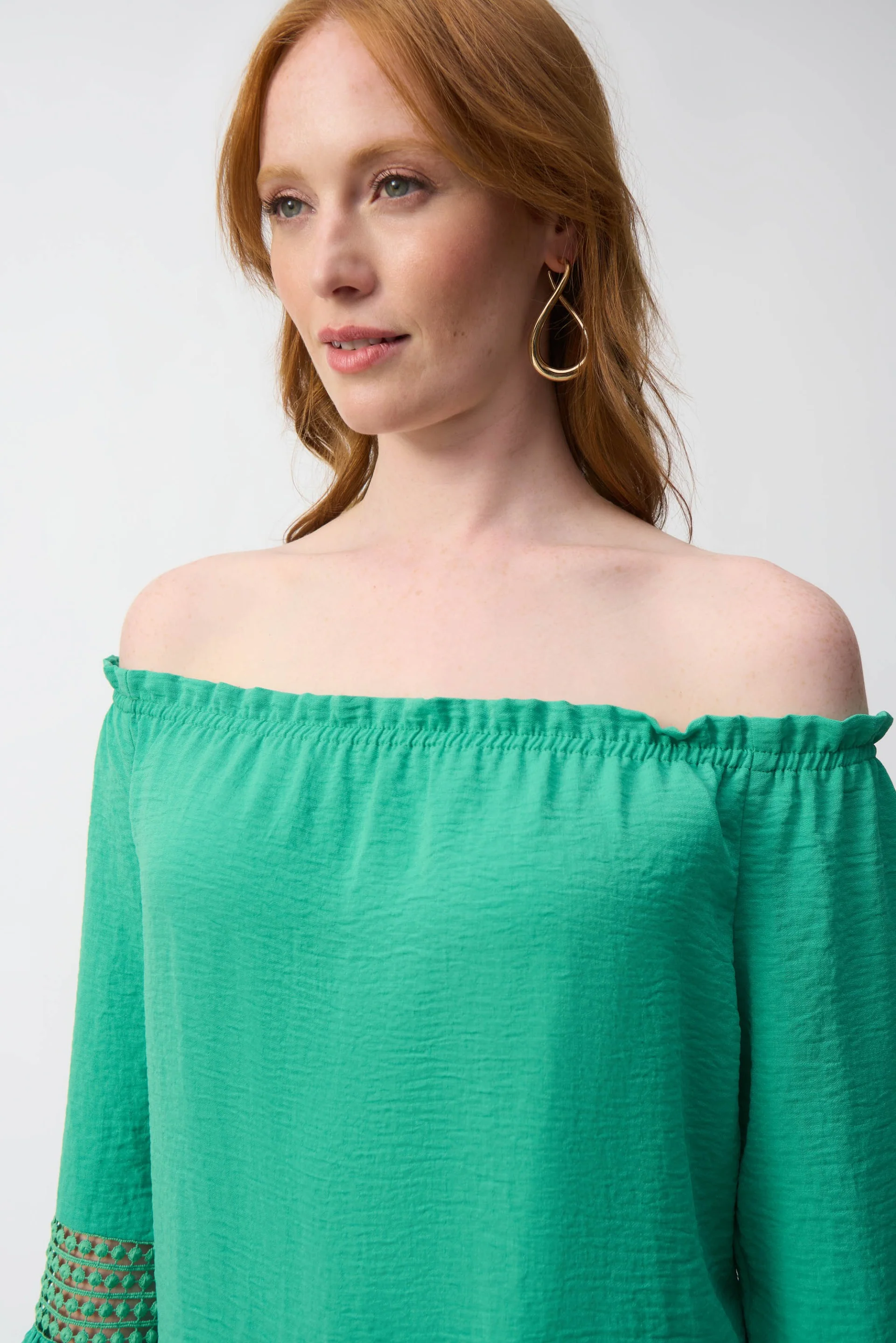 Joseph Ribkoff Garden Green Gauze Off-Shoulder Flared Tunic Style 251194 - Image 4