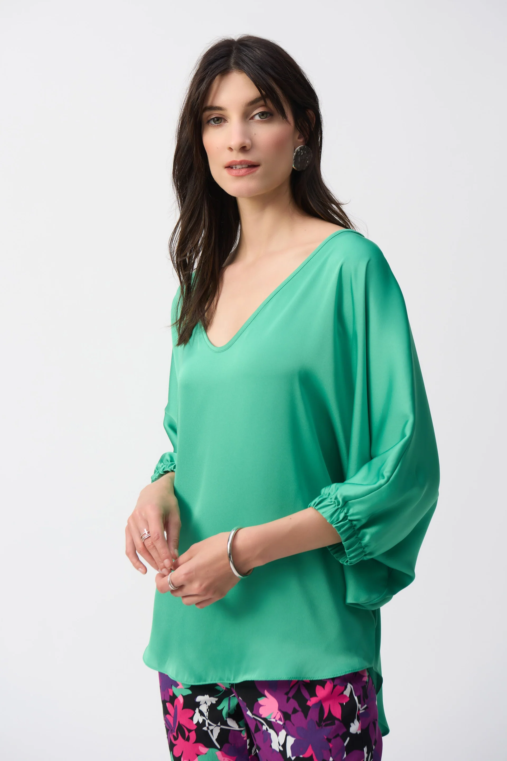 Joseph Ribkoff Garden Green Satin High-Low Boxy Top Style 251191
