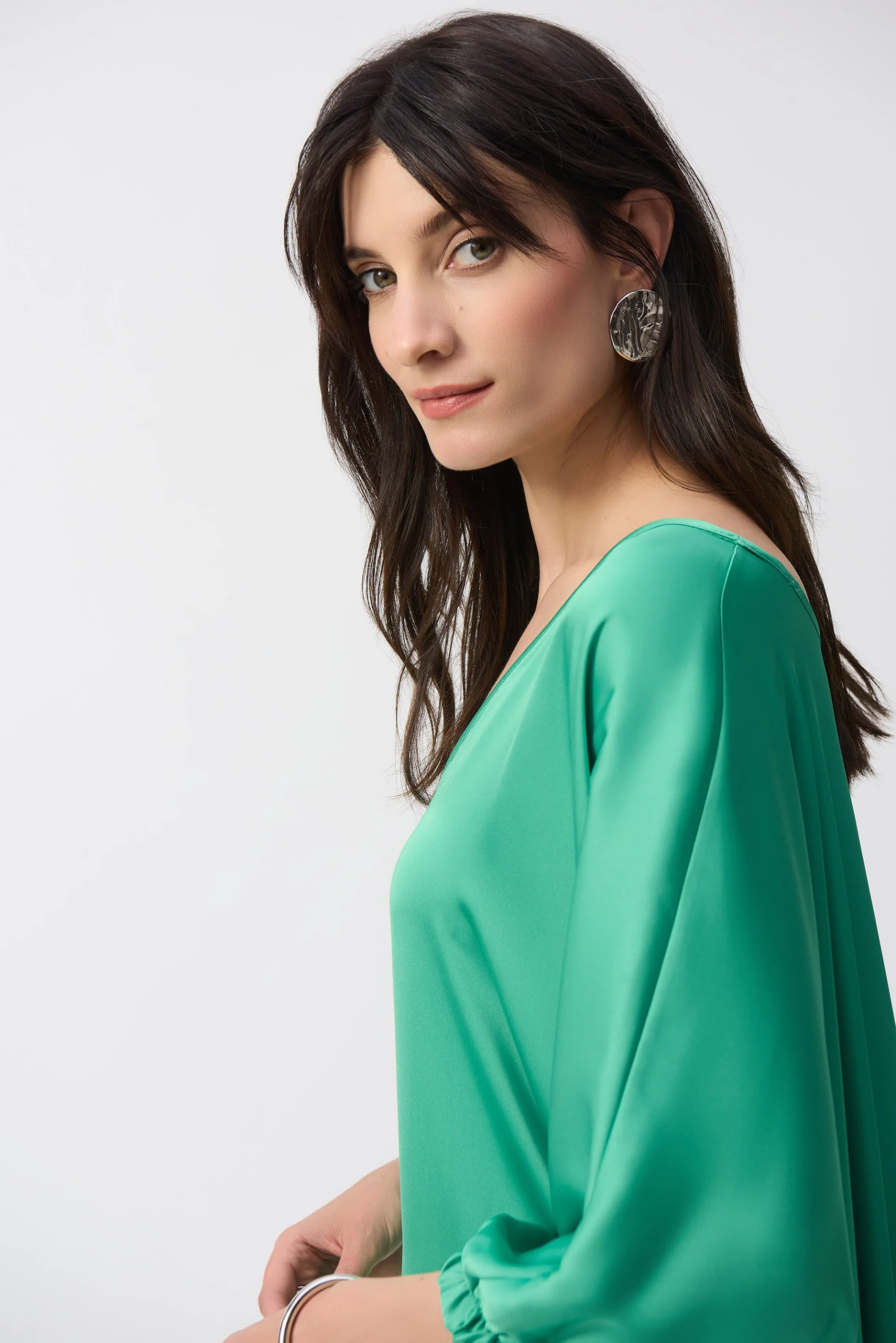 Joseph Ribkoff Garden Green Satin High-Low Boxy Top Style 251191 - Image 2