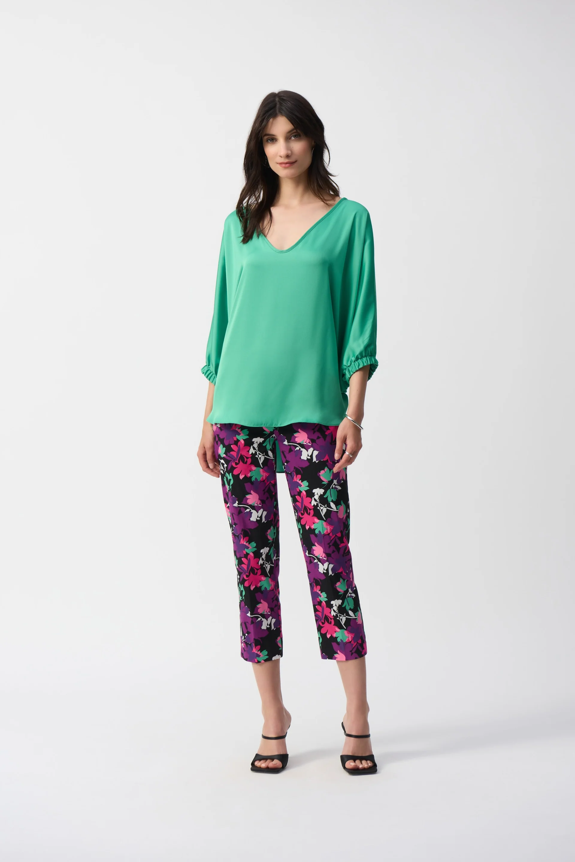 Joseph Ribkoff Garden Green Satin High-Low Boxy Top Style 251191 - Image 3