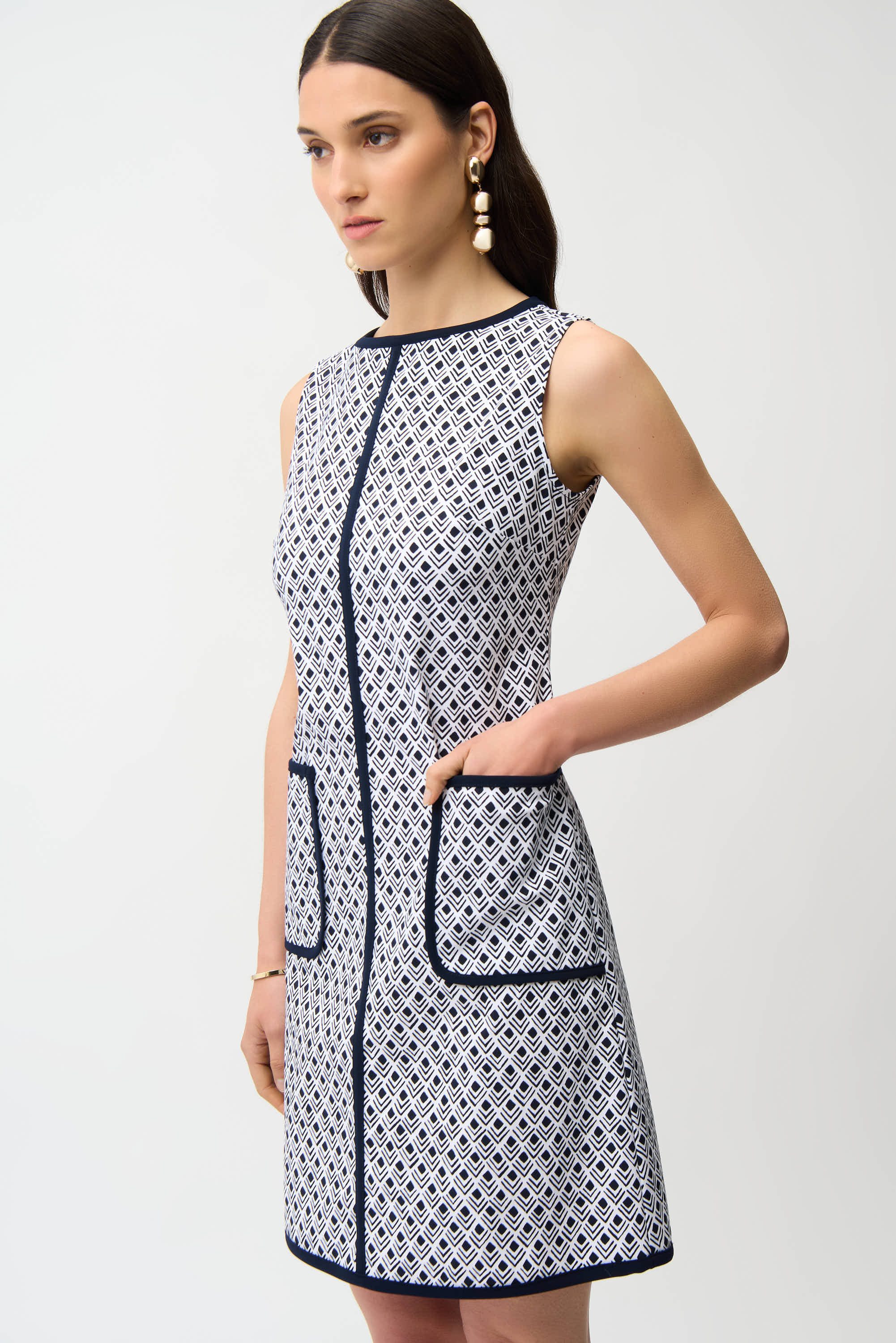 Joseph Ribkoff Geometric Print A-Line Dress With Contrast Trim Style 261096 - Image 2