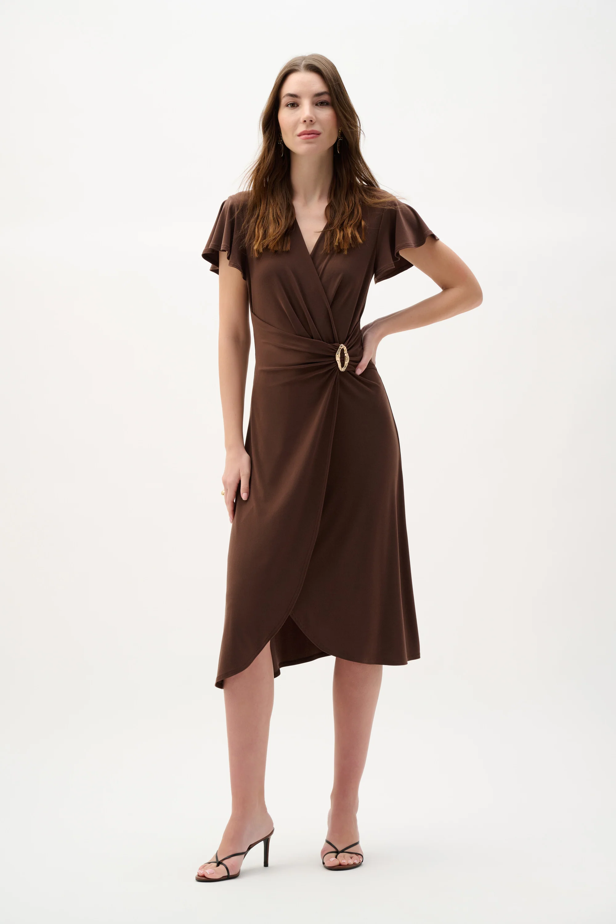 Joseph Ribkoff Gold Buckle Wrap Dress With Ruffled Sleeves Style 262140