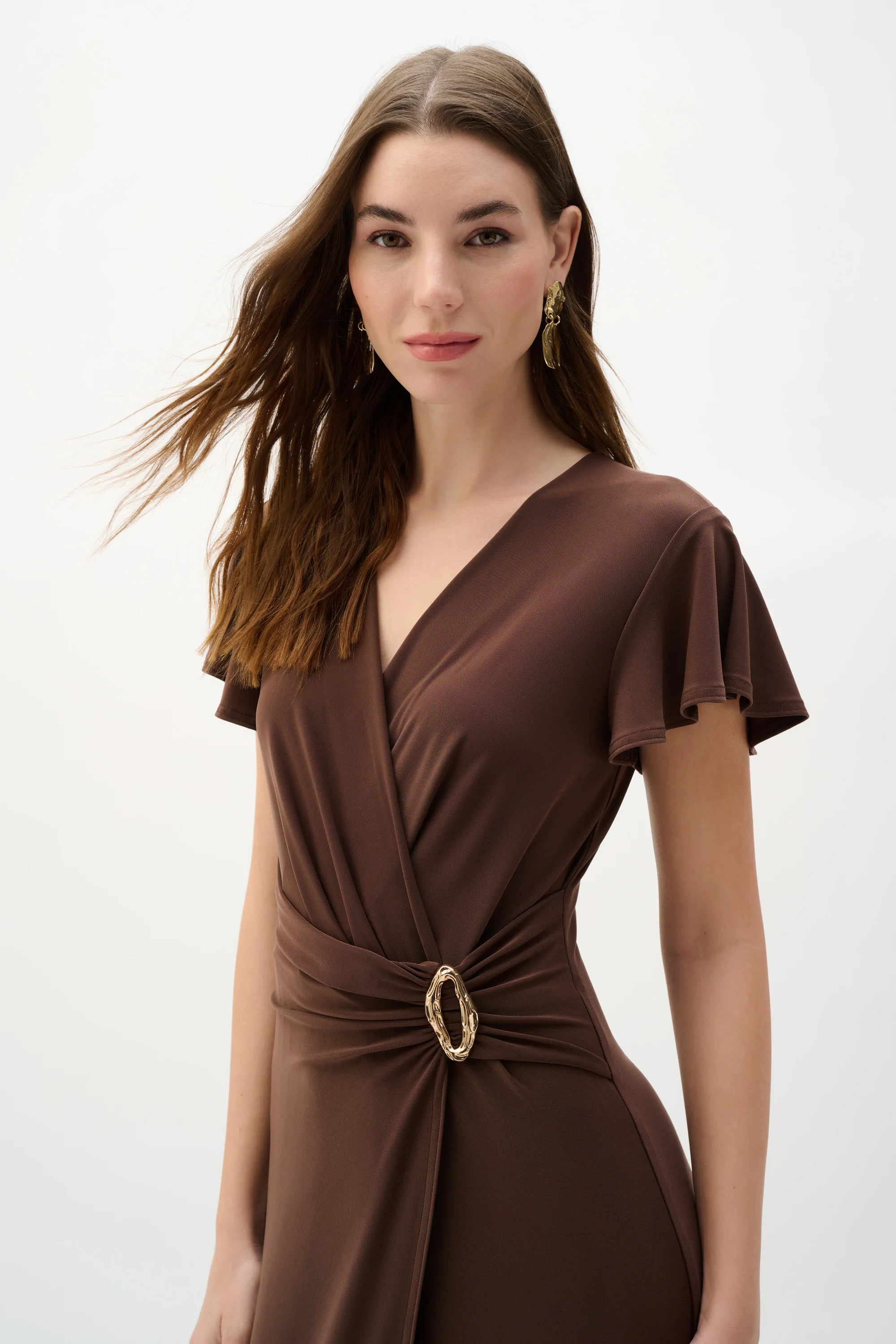 Joseph Ribkoff Gold Buckle Wrap Dress With Ruffled Sleeves Style 262140 - Image 3