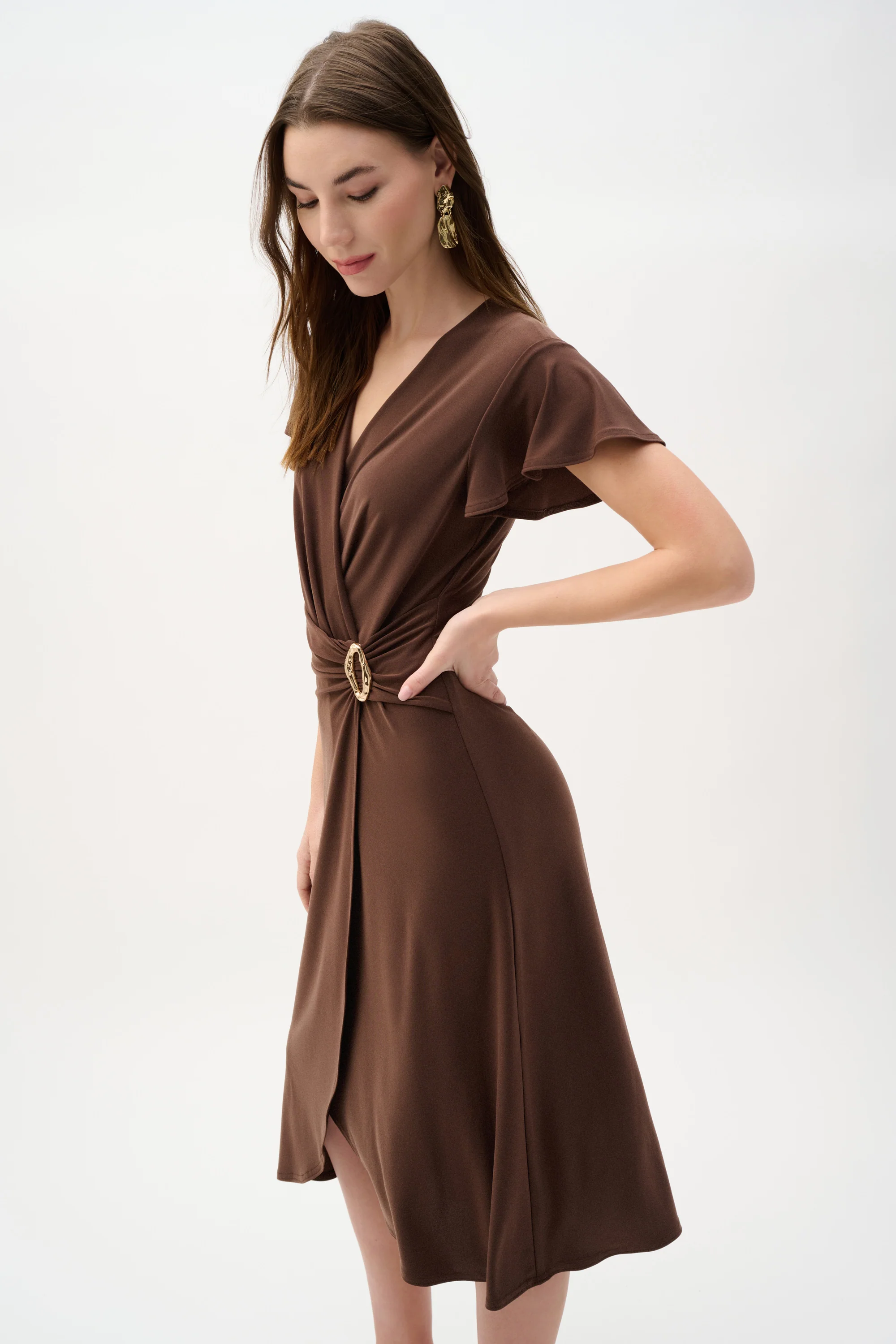 Joseph Ribkoff Gold Buckle Wrap Dress With Ruffled Sleeves Style 262140 - Image 4