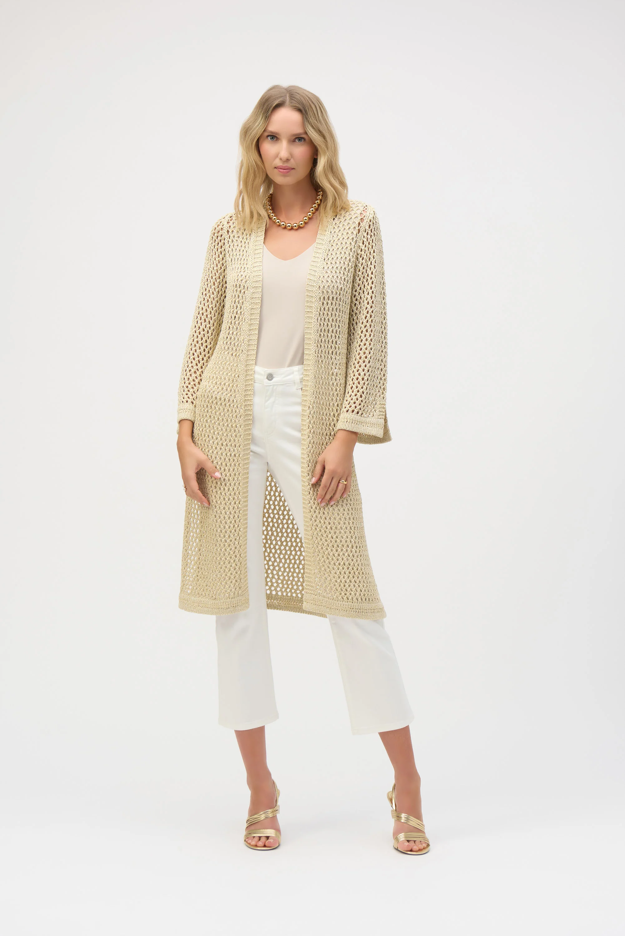 Joseph Ribkoff Gold Sweater Knit Open Stitch Cover-Up with Metal Fibres Style 252904