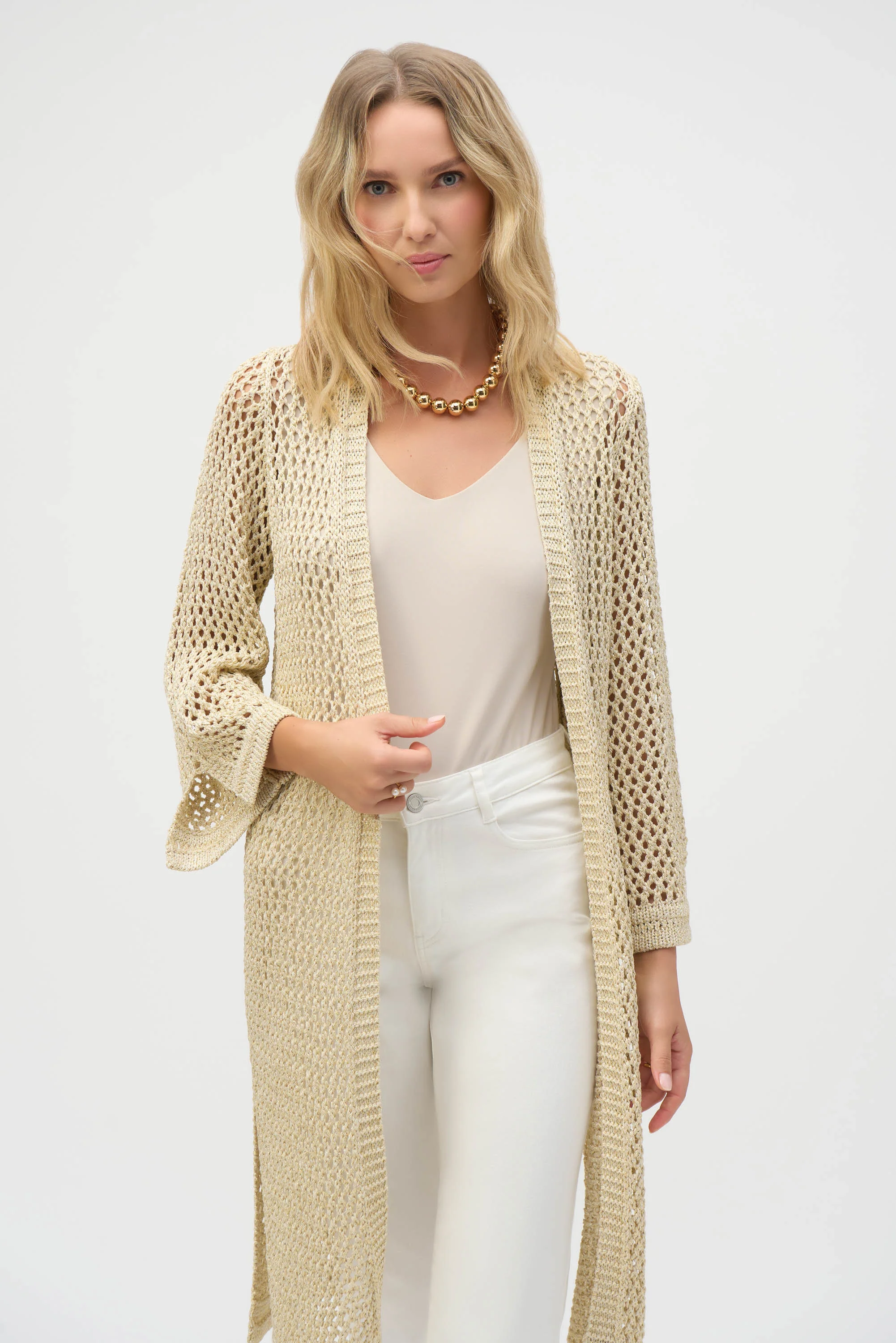Joseph Ribkoff Gold Sweater Knit Open Stitch Cover-Up with Metal Fibres Style 252904 - Image 2