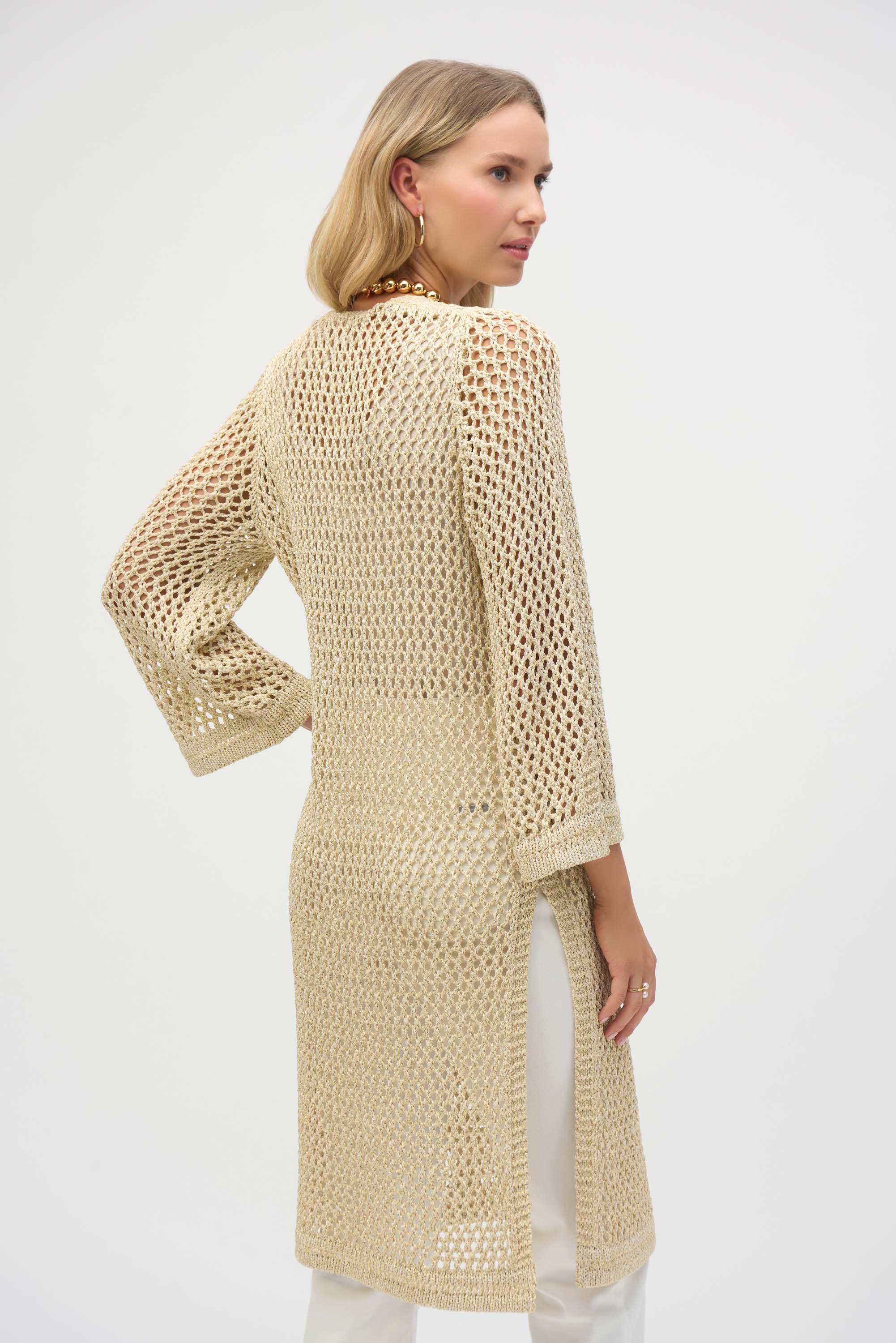 Joseph Ribkoff Gold Sweater Knit Open Stitch Cover-Up with Metal Fibres Style 252904 - Image 4