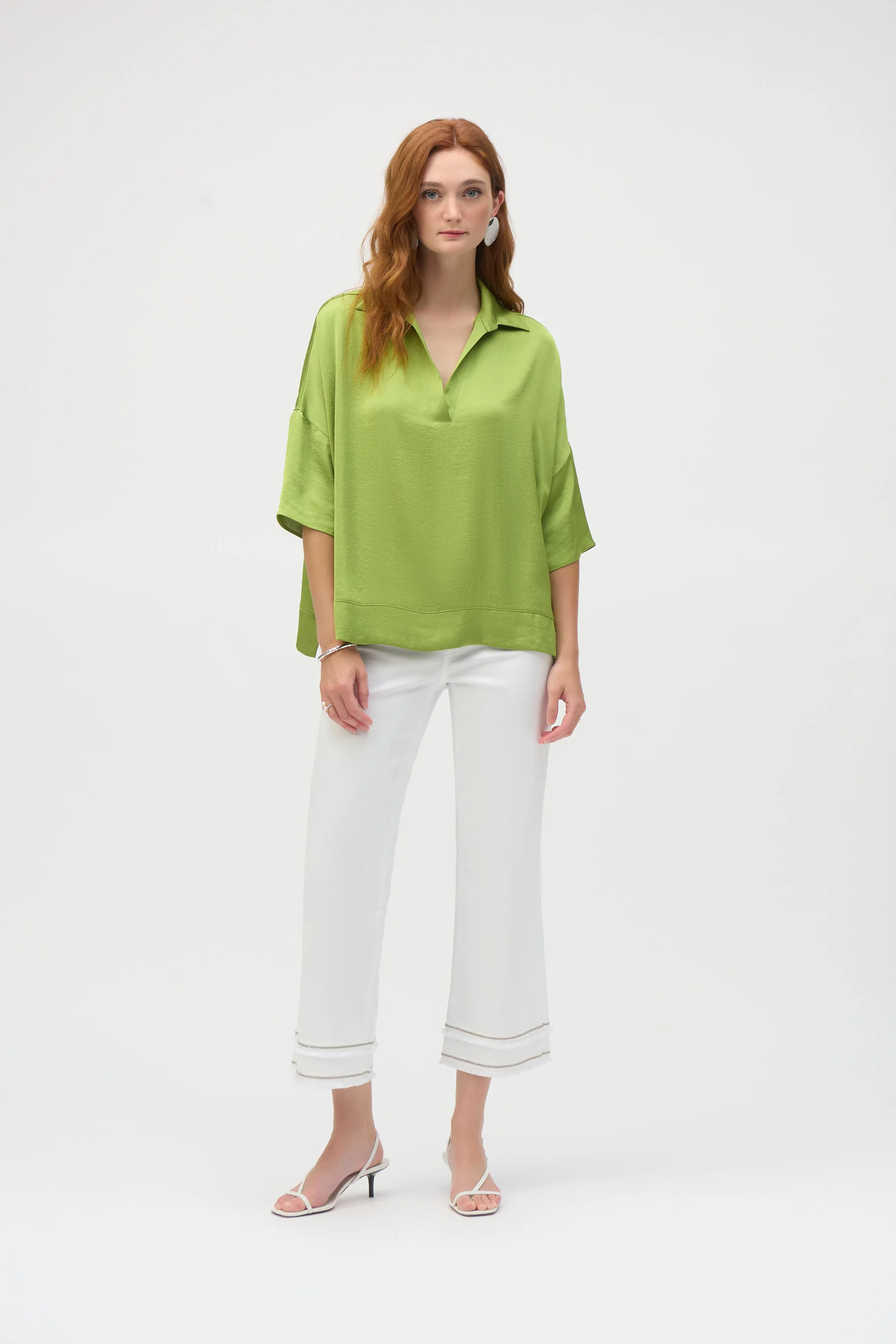Joseph Ribkoff Greenery Hammered Satin Boxy Top Style 252059 - Image 3