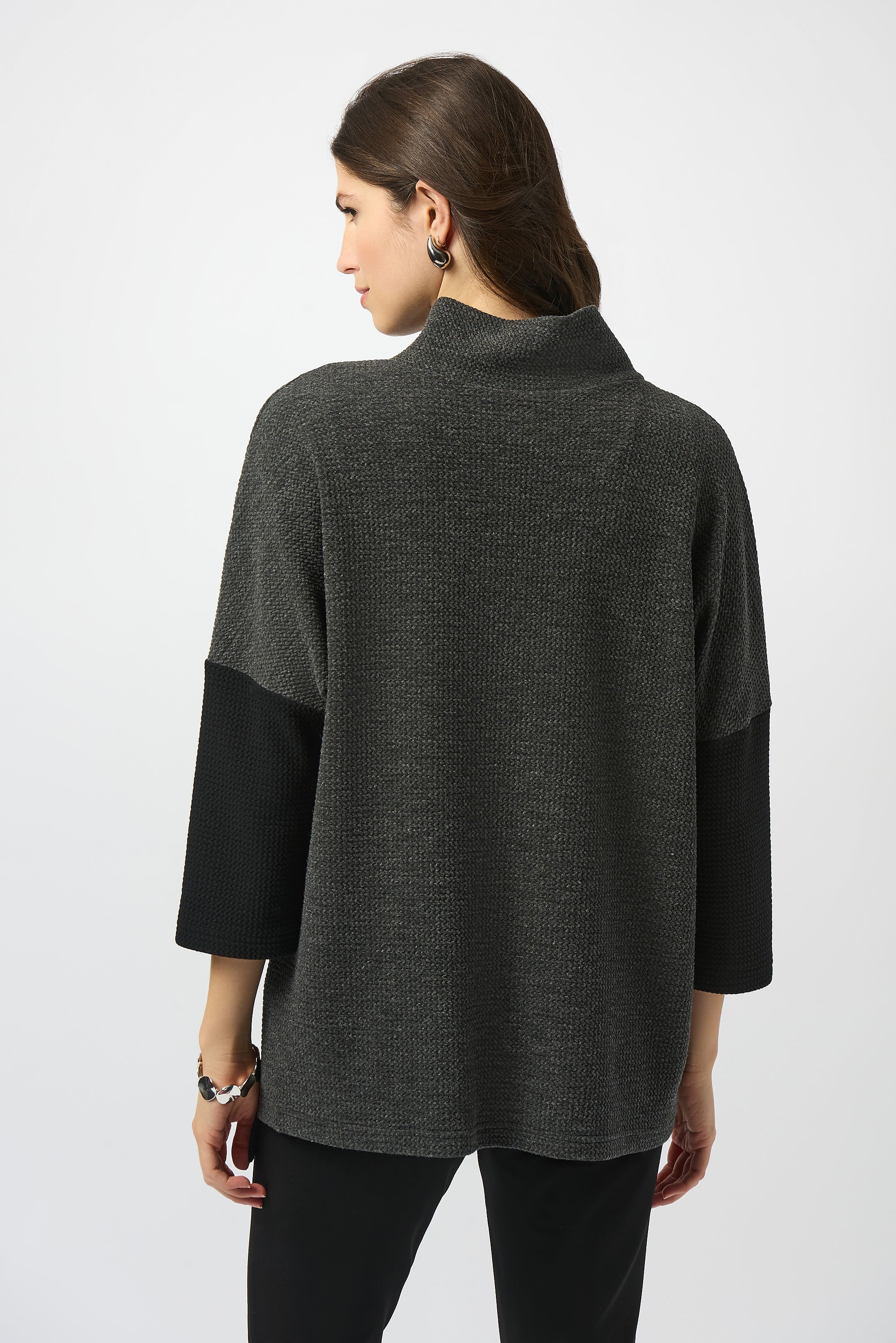 Joseph Ribkoff Grey/Black Textured Knit Color Block Boxy Top Style 253083 - Image 3