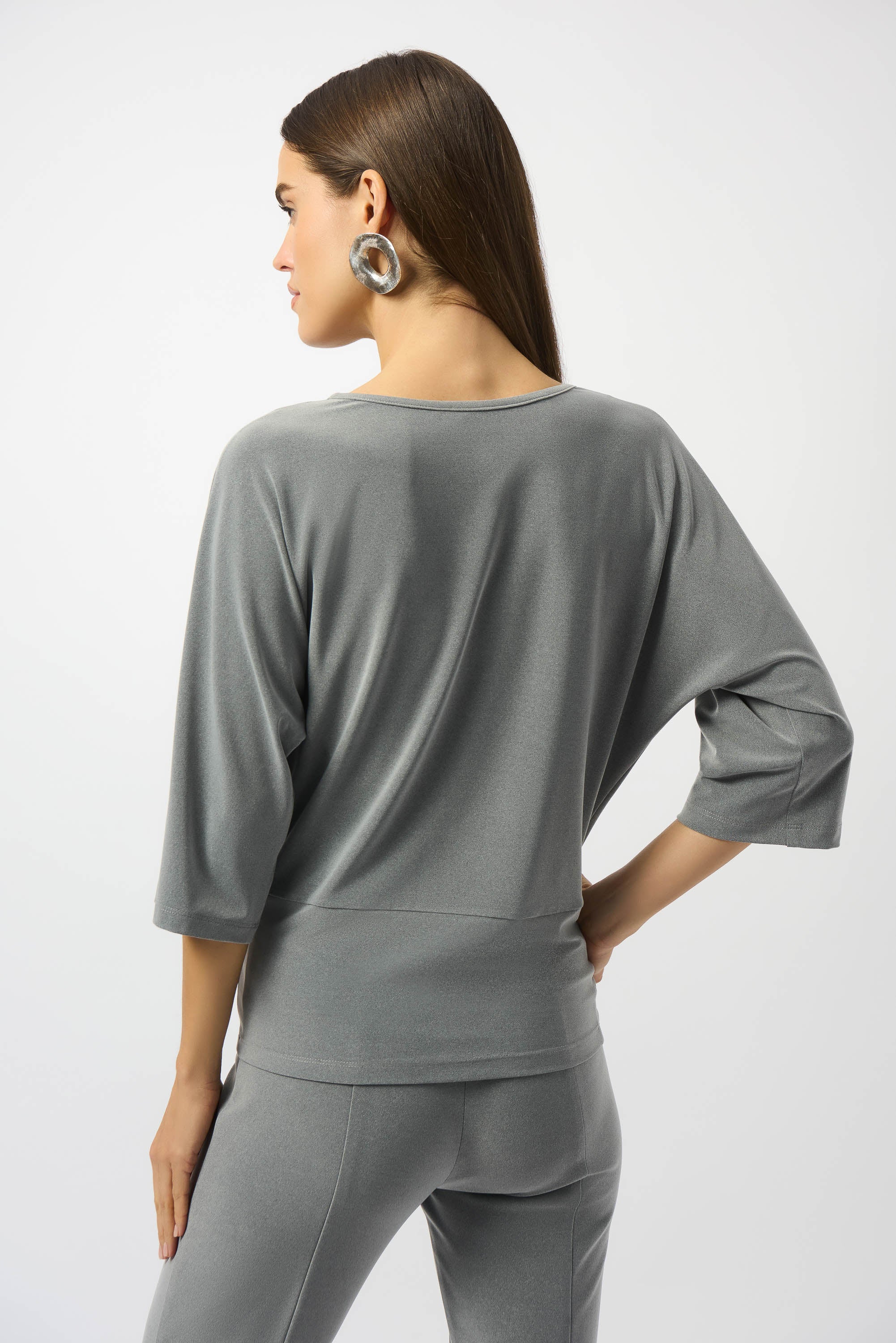 Joseph Ribkoff Grey Melange Melange Silky Knit Boxy Top with Knot Detail Style 253304 - Image 2
