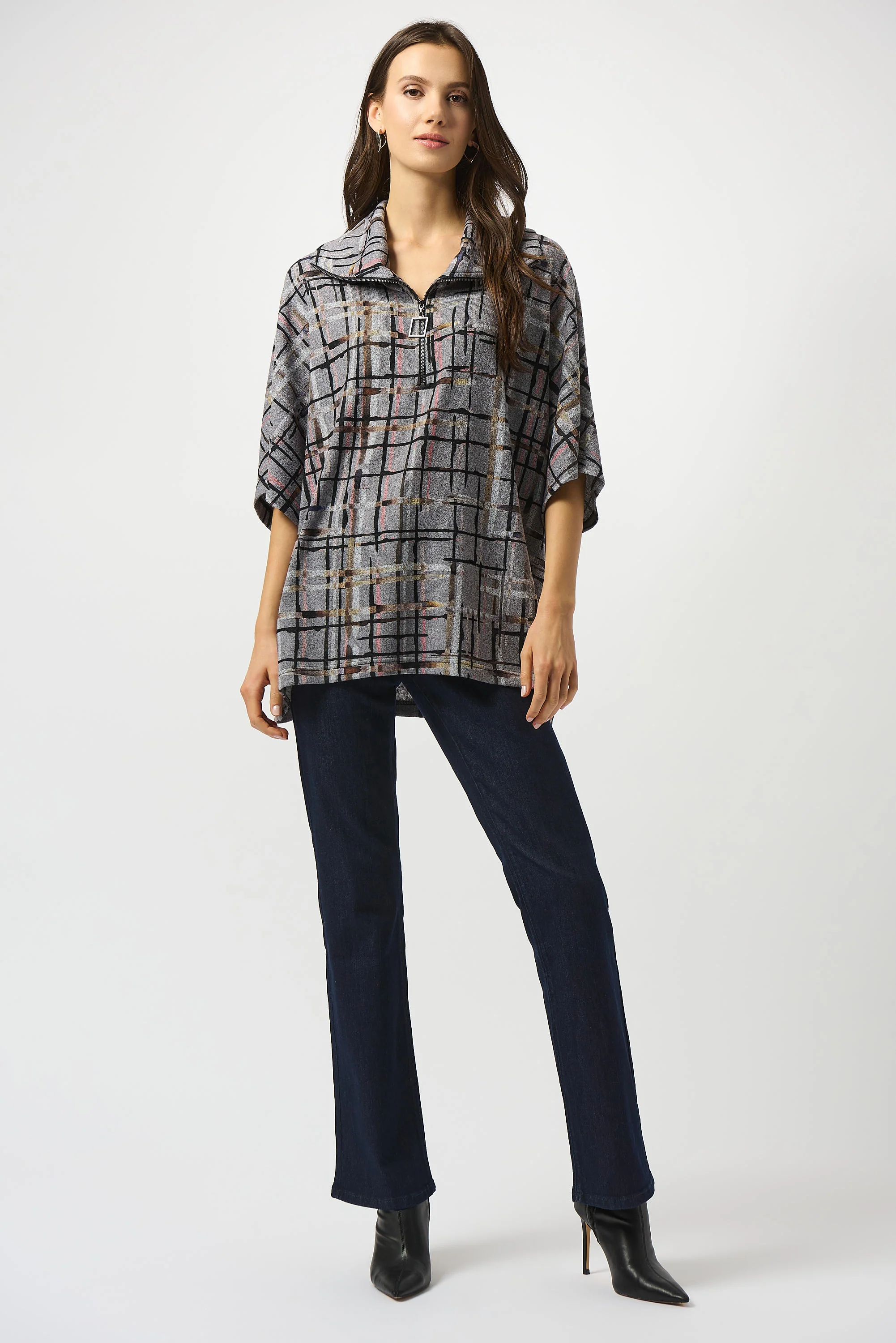 Joseph Ribkoff Grey/Multi Sweater Knit Plaid Print Boxy Top Style 253058 - Image 2