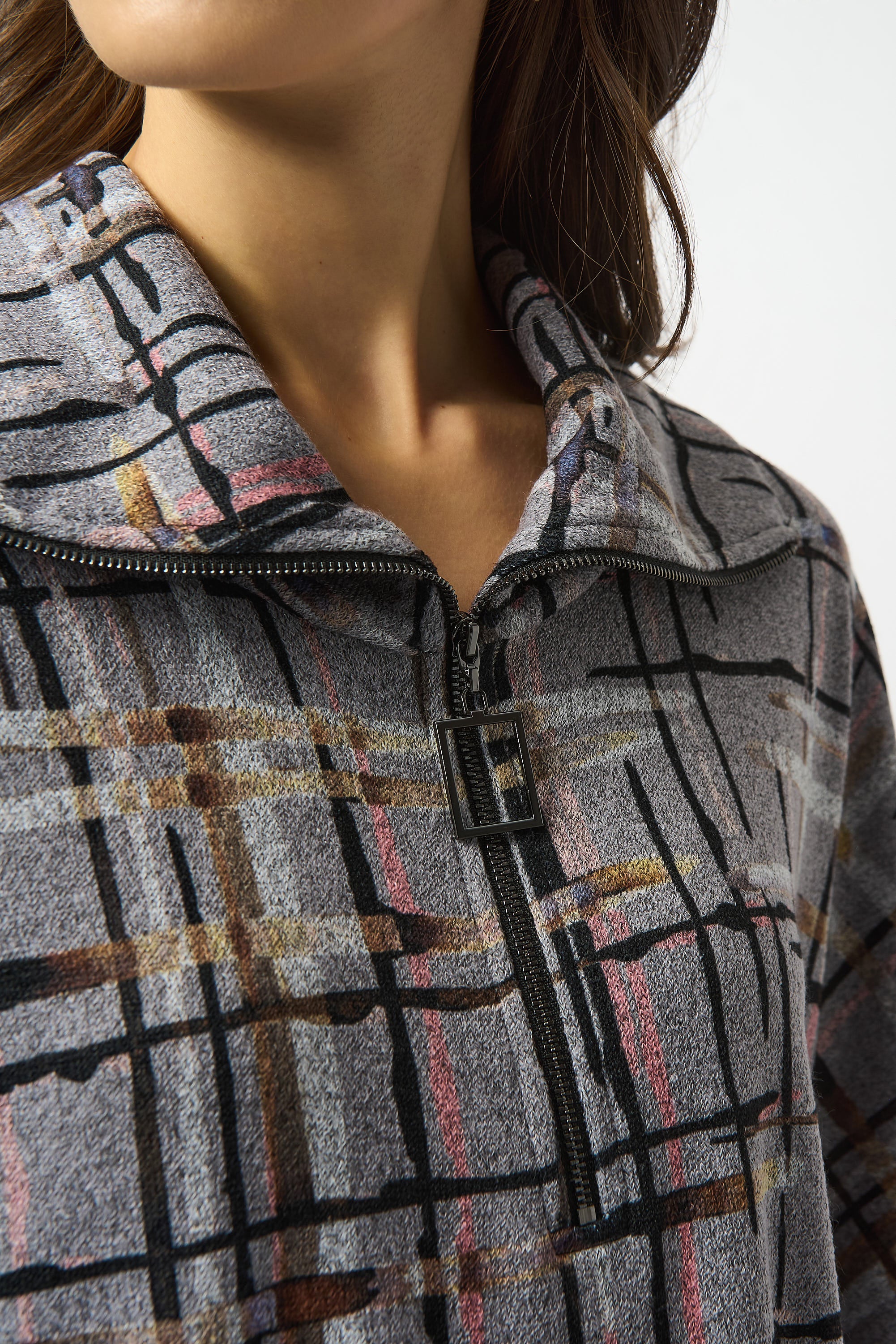 Joseph Ribkoff Grey/Multi Sweater Knit Plaid Print Boxy Top Style 253058 - Image 3