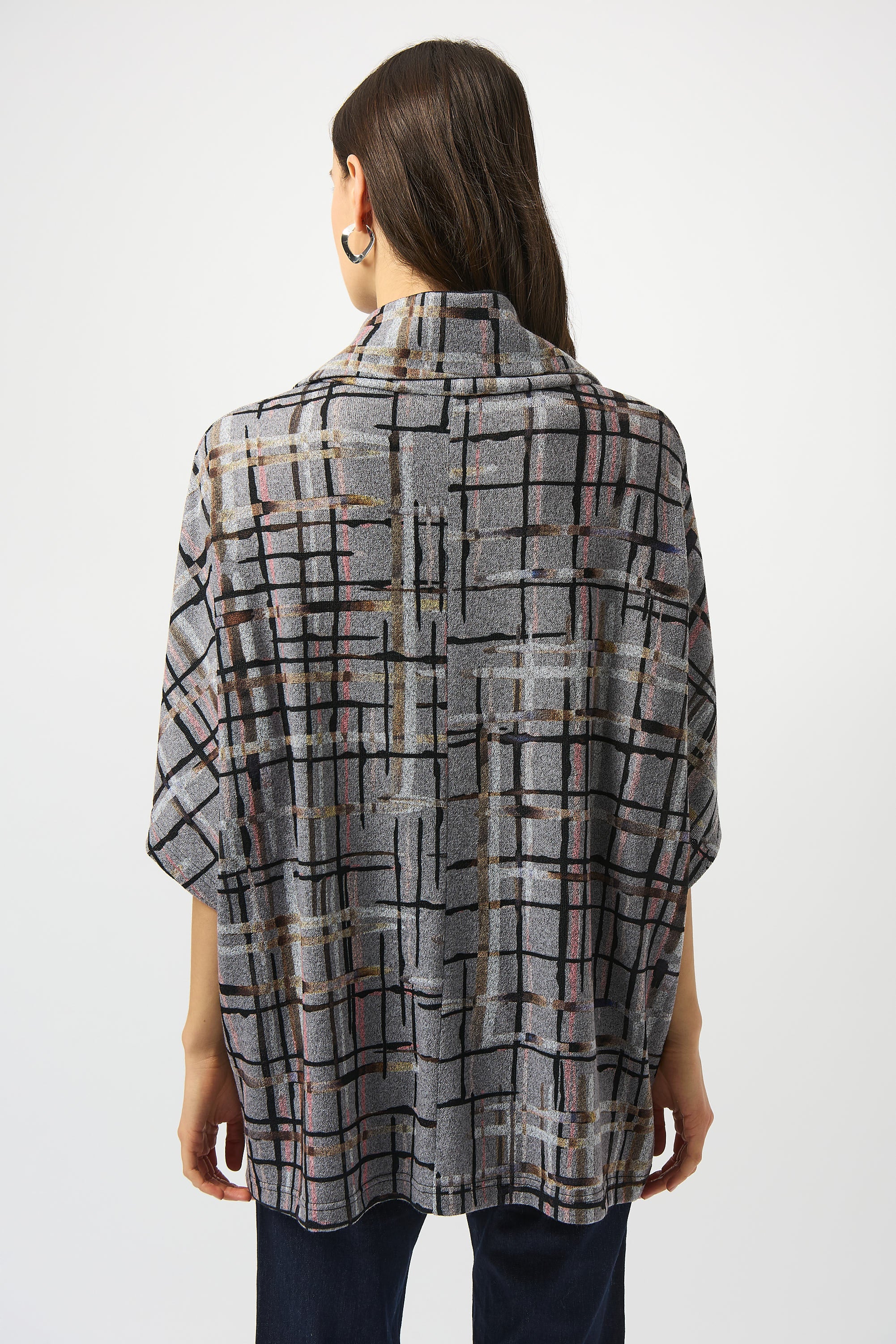 Joseph Ribkoff Grey/Multi Sweater Knit Plaid Print Boxy Top Style 253058 - Image 4