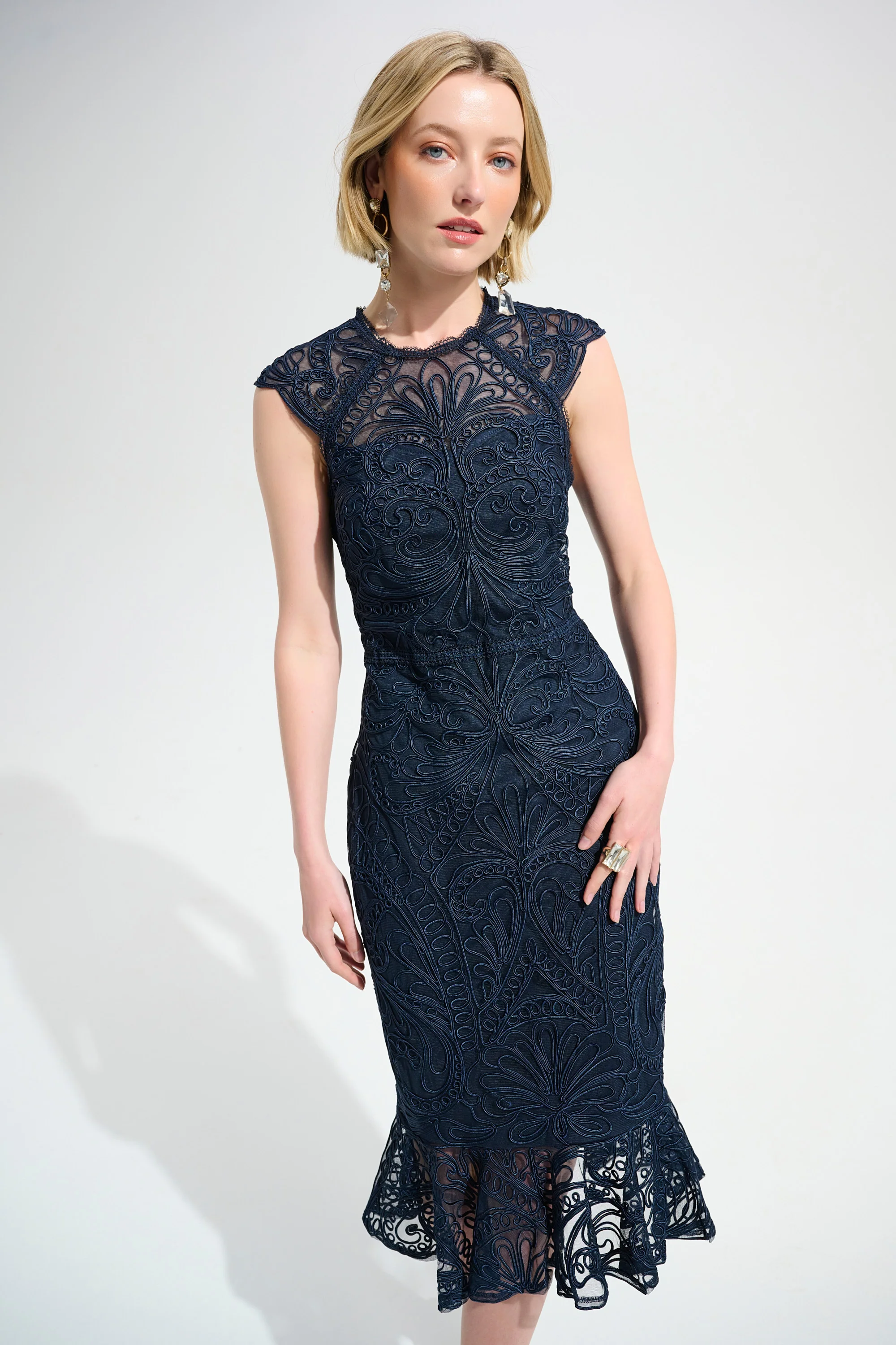 Joseph Ribkoff Guipure Soutache Trumpet Dress With Ruffle Hem Style 261740