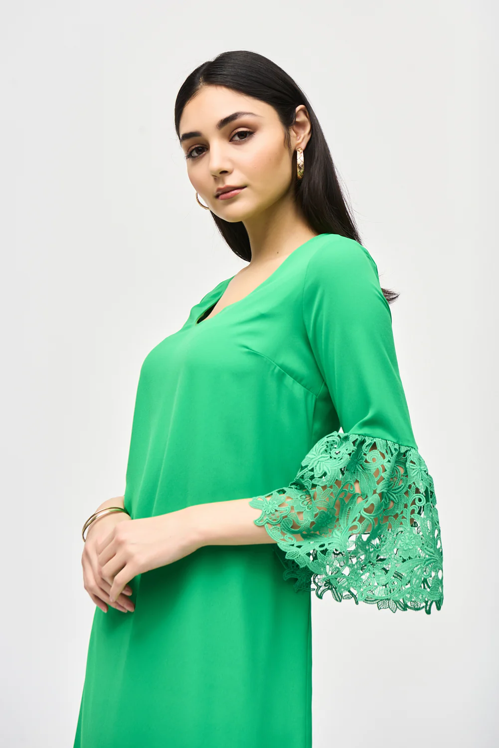 Joseph Ribkoff Island Green Georgette and Guipure Trapeze Dress Style 241252 - Image 3