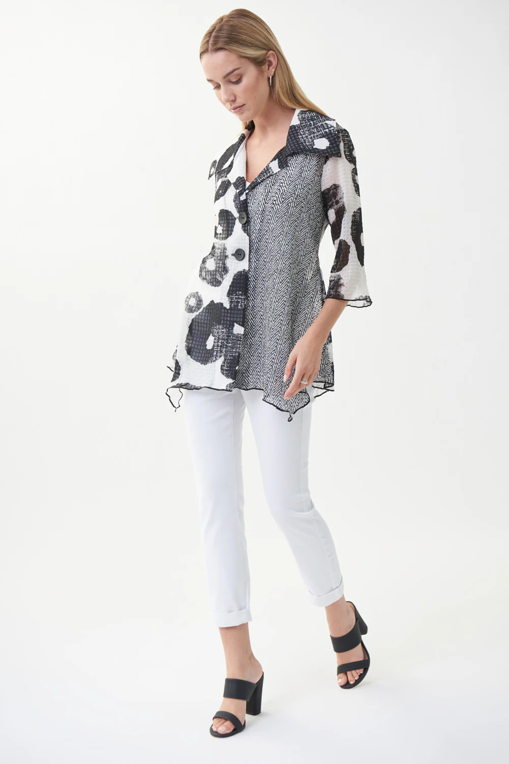 Joseph Ribkoff Ivory/Black Mixed Print Blouse Style 222145 - Image 2