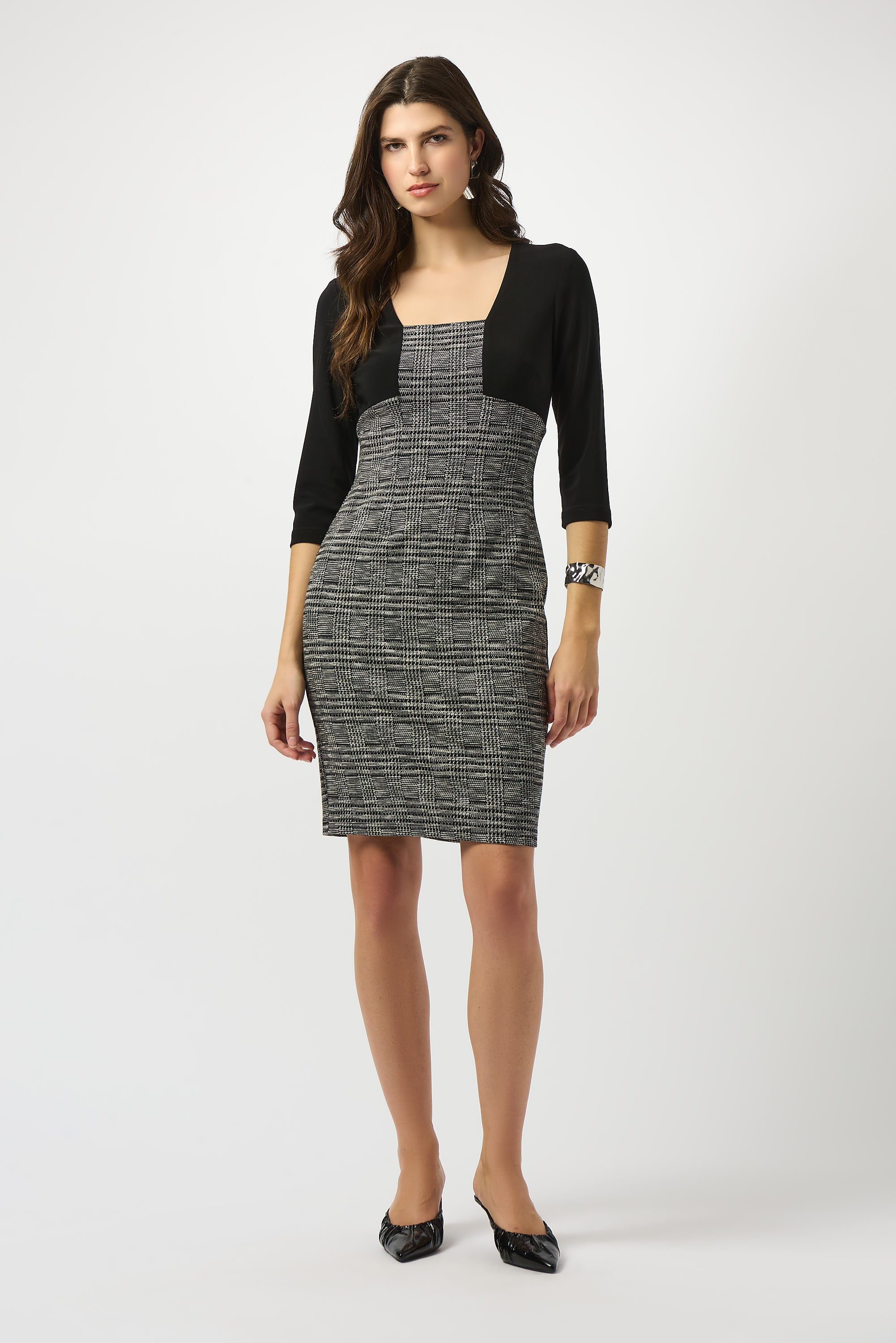 Joseph Ribkoff Jacquard Knit Plaid Print Sheath Dress Style 253184