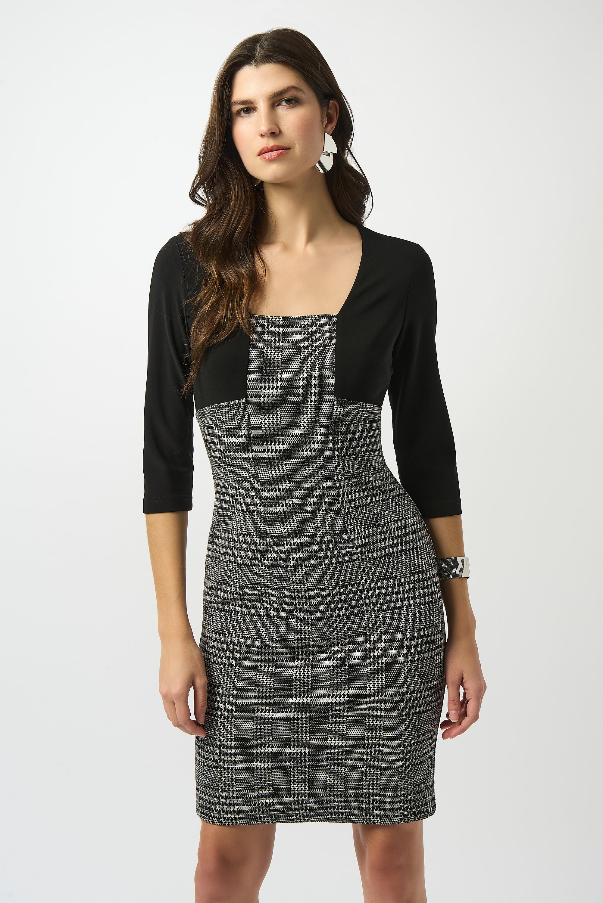 Joseph Ribkoff Jacquard Knit Plaid Print Sheath Dress Style 253184 - Image 2