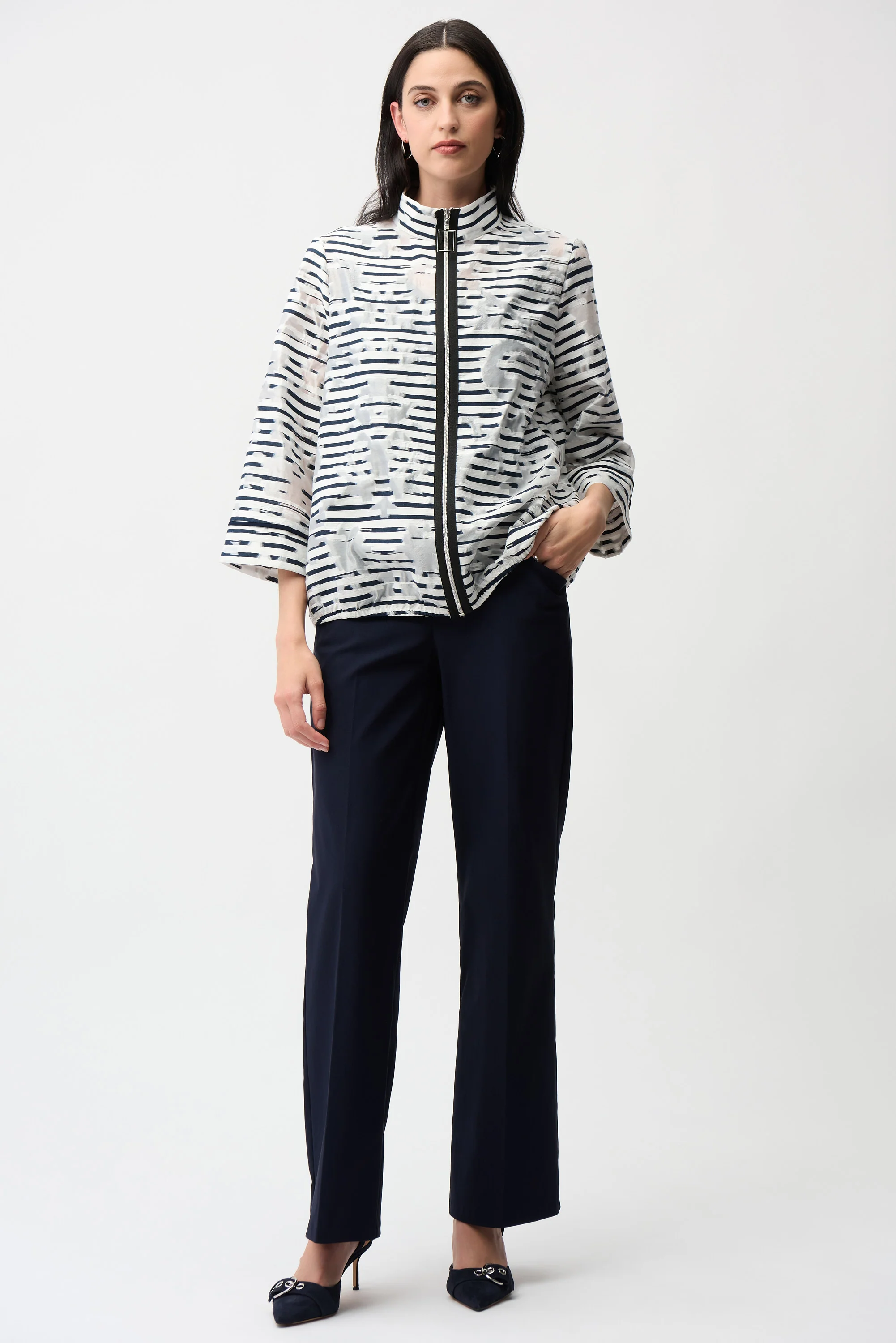 Joseph Ribkoff Jacquard Organza Stripe Bomber Jacket Style 261094 - Image 2