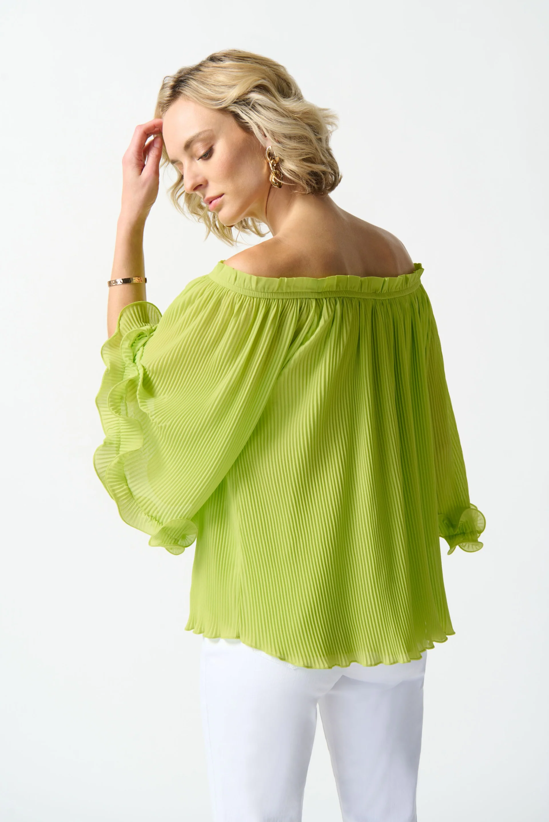 Joseph Ribkoff Key Lime Off-The-Shoulder Pleated Top Style 242909 - Image 2