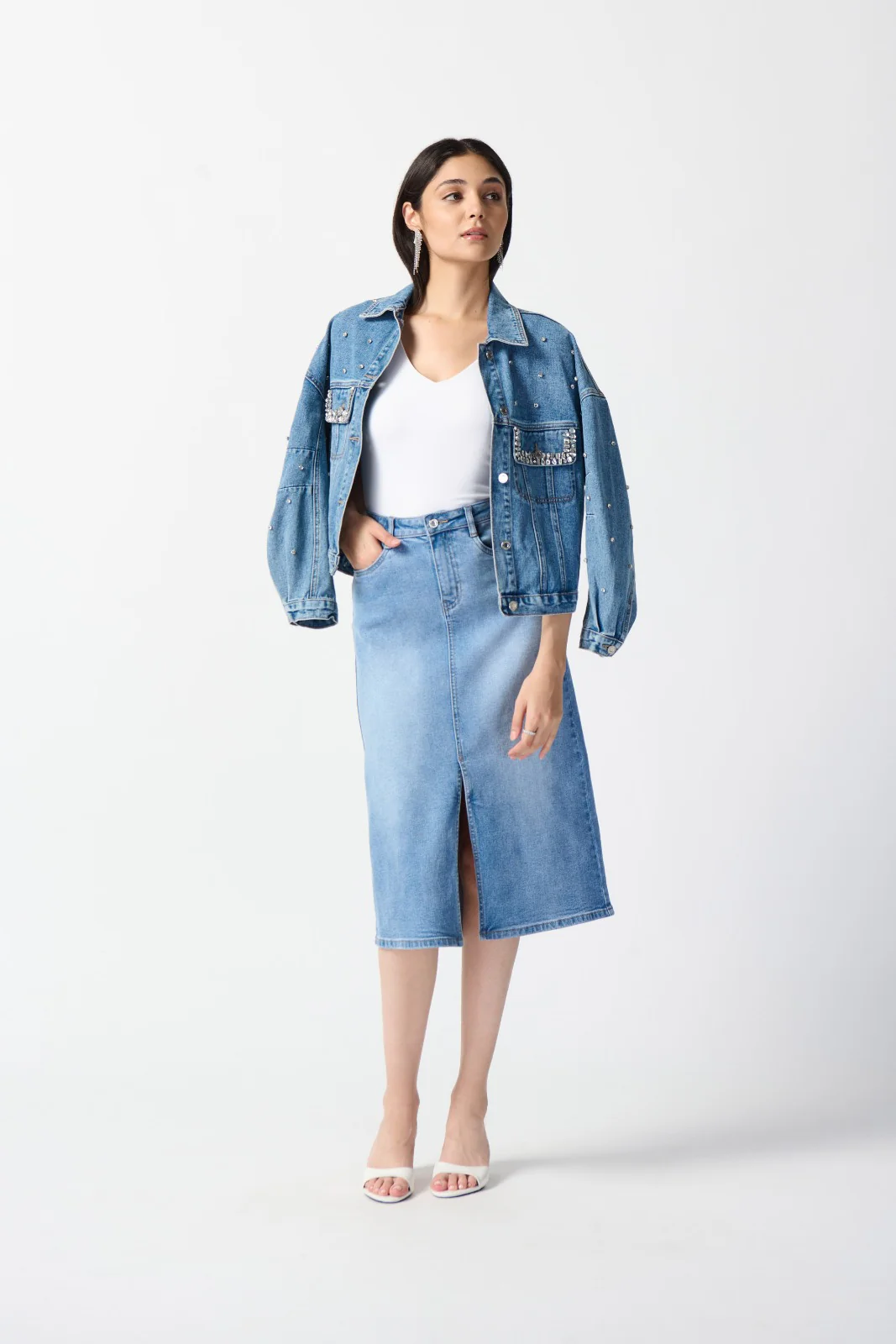 Joseph Ribkoff Light Blue Denim A-Line Skirt Style 242919 - Image 4
