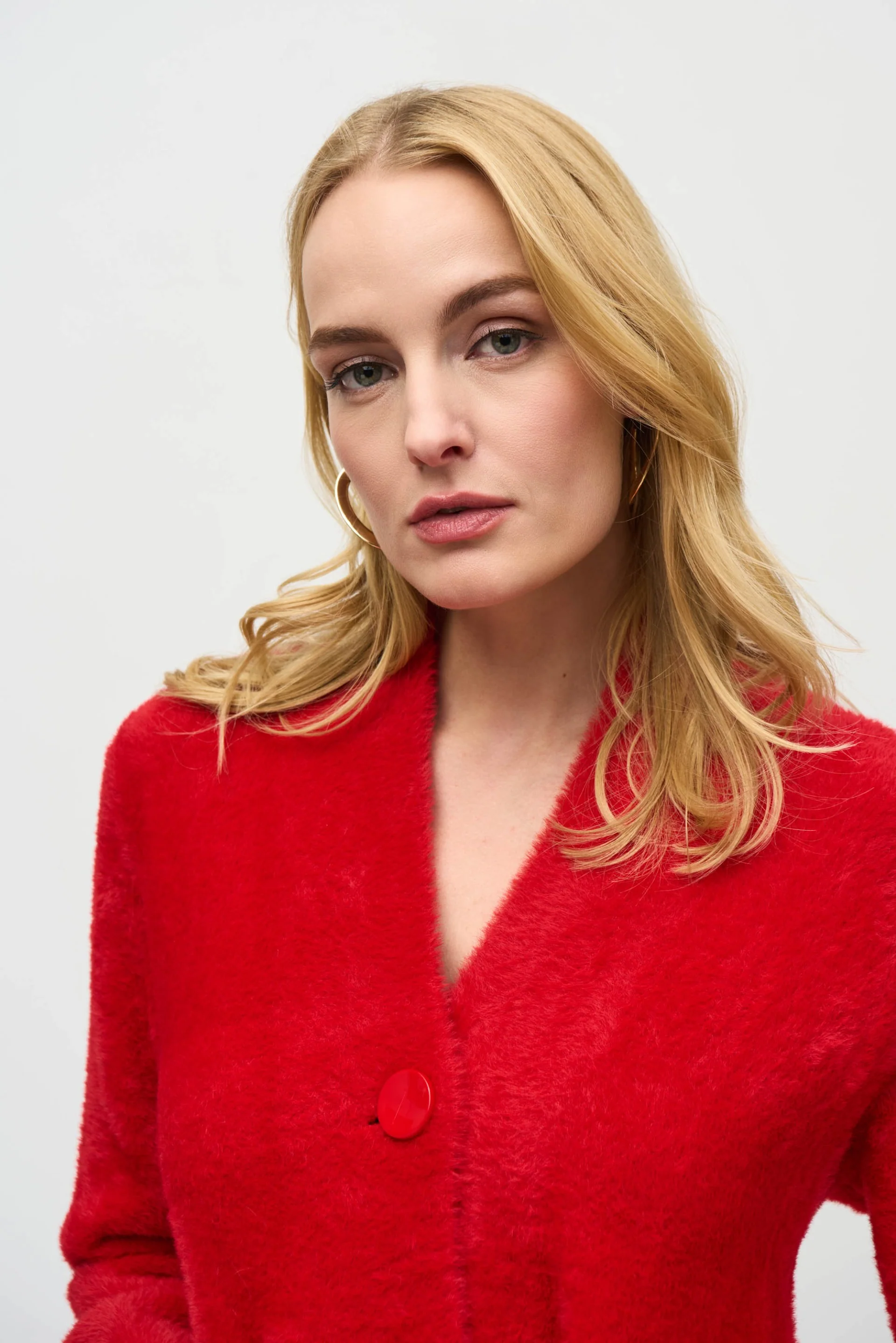 Joseph Ribkoff Lipstick Red Feather Yarn Flared Coat Style 234906 - Image 3