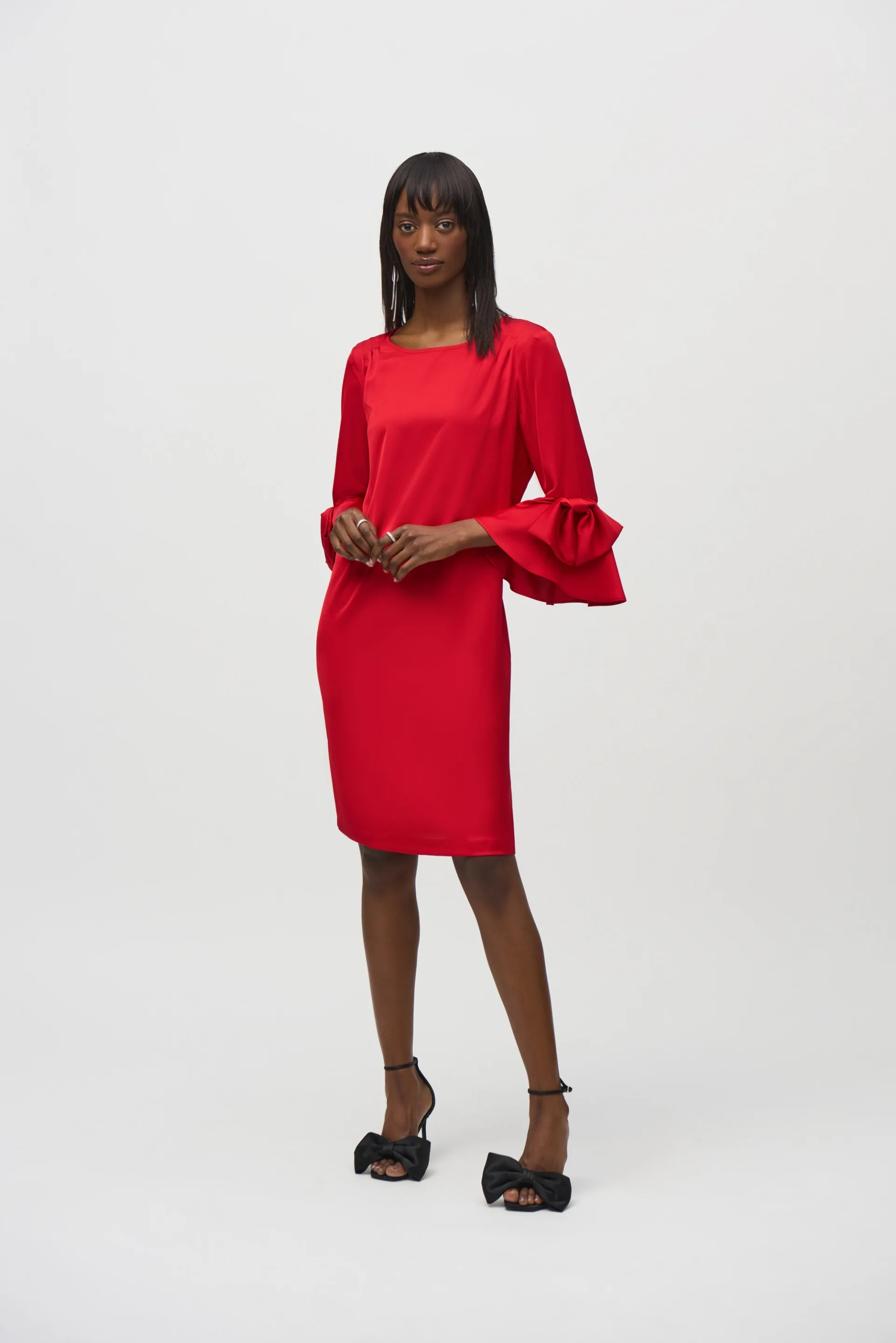 Joseph Ribkoff Lipstick Red Satin Ruffle Sleeve Straight Dress Style 244235 - Image 3