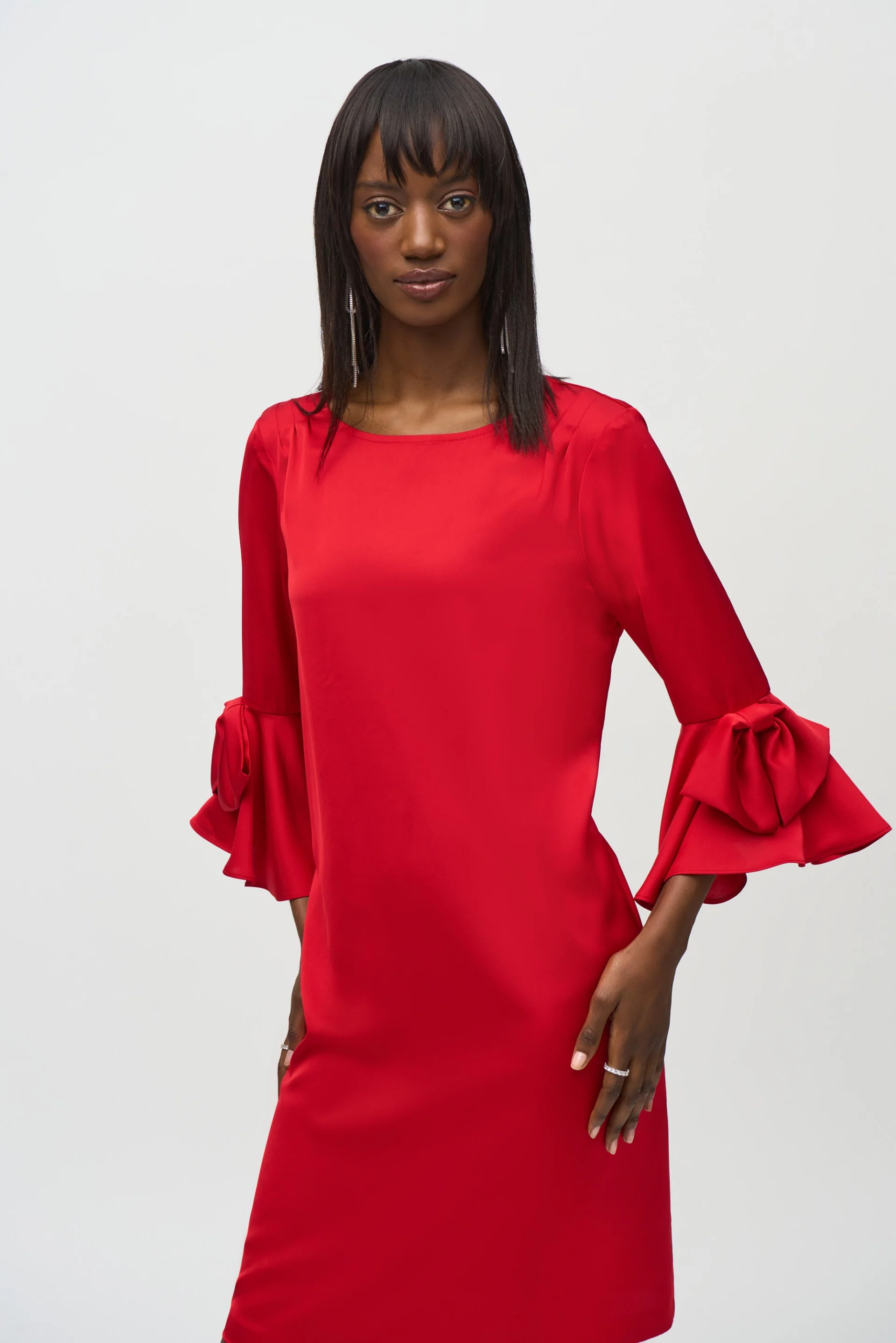 Joseph Ribkoff Lipstick Red Satin Ruffle Sleeve Straight Dress Style 244235 - Image 4