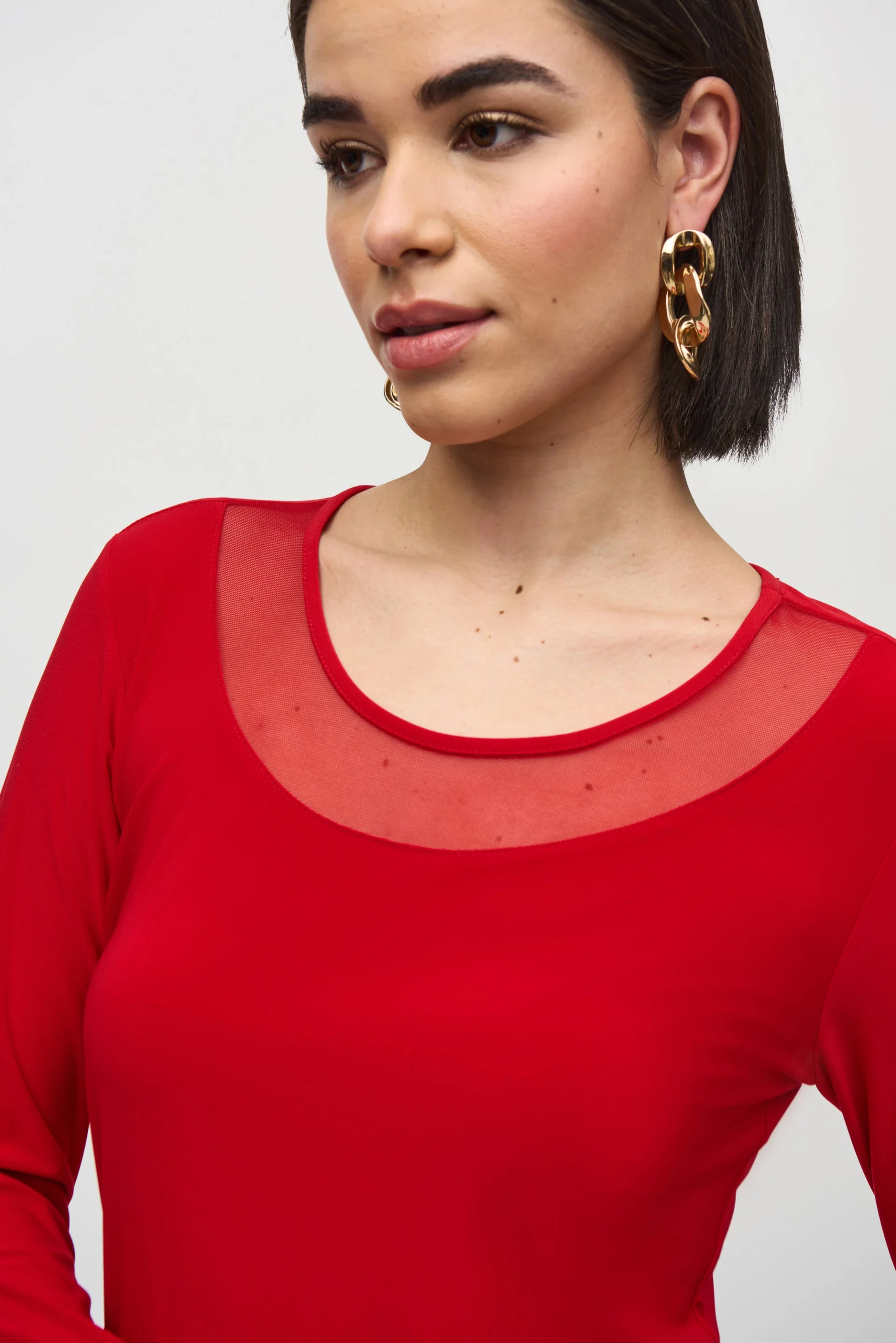 Joseph Ribkoff Lipstick Red Silky Knit and Mesh Fitted Top Style 244066 - Image 3