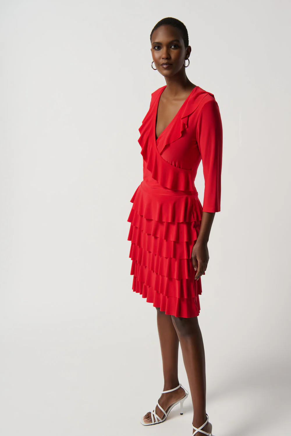 Joseph Ribkoff Magma Red Silky Knit Flounce Wrap Dress Style 231081 - Image 2
