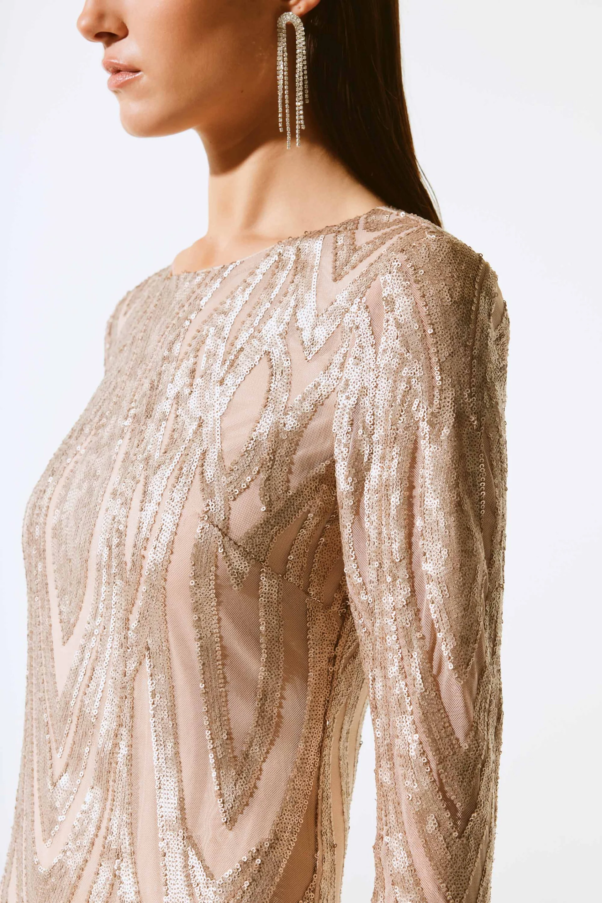 Joseph Ribkoff Matte Gold Placement Sequins Sheath Dress Style 243774 - Image 3