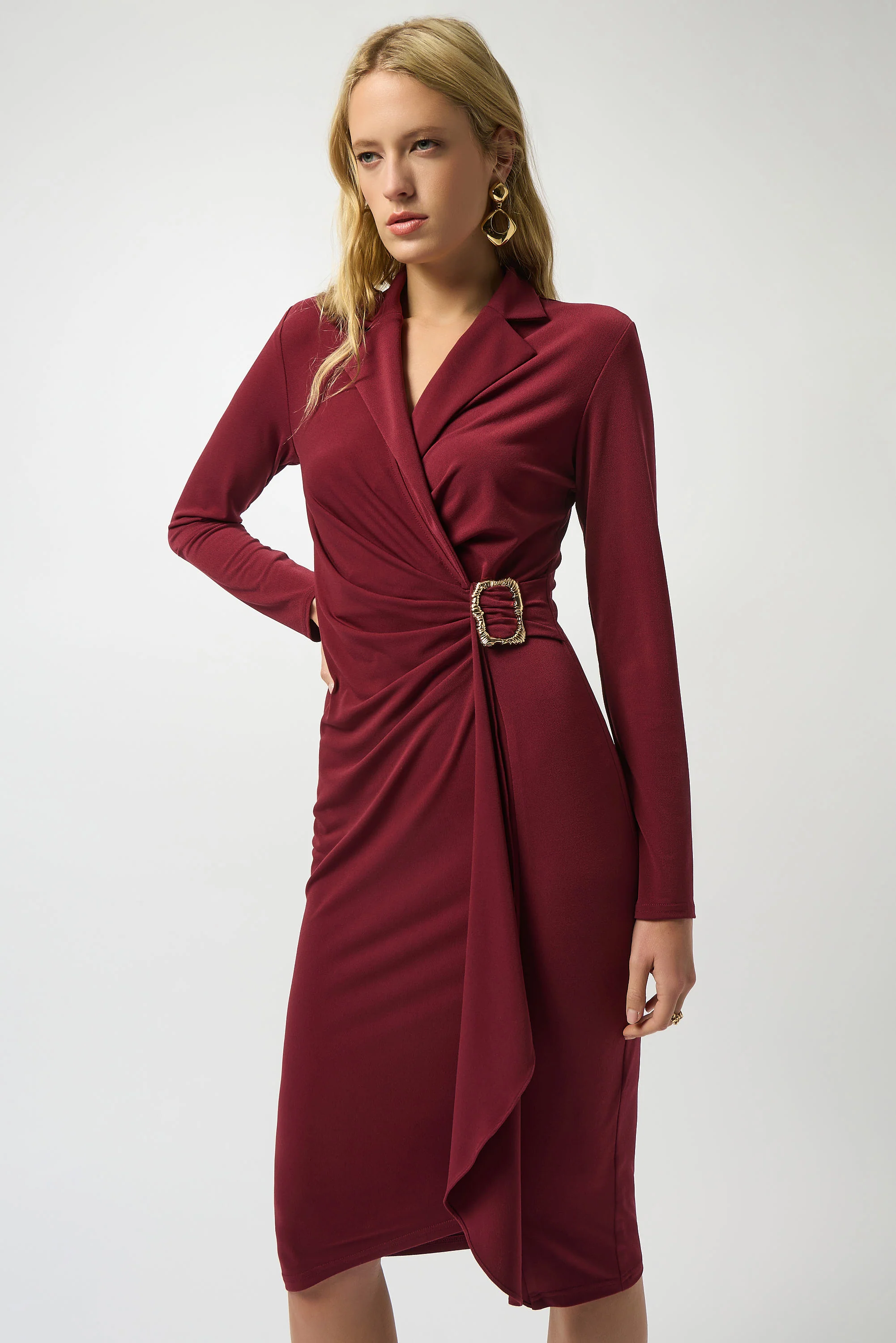 Joseph Ribkoff Merlot Moss Crepe Wrap Dress Style 253145 - Image 2