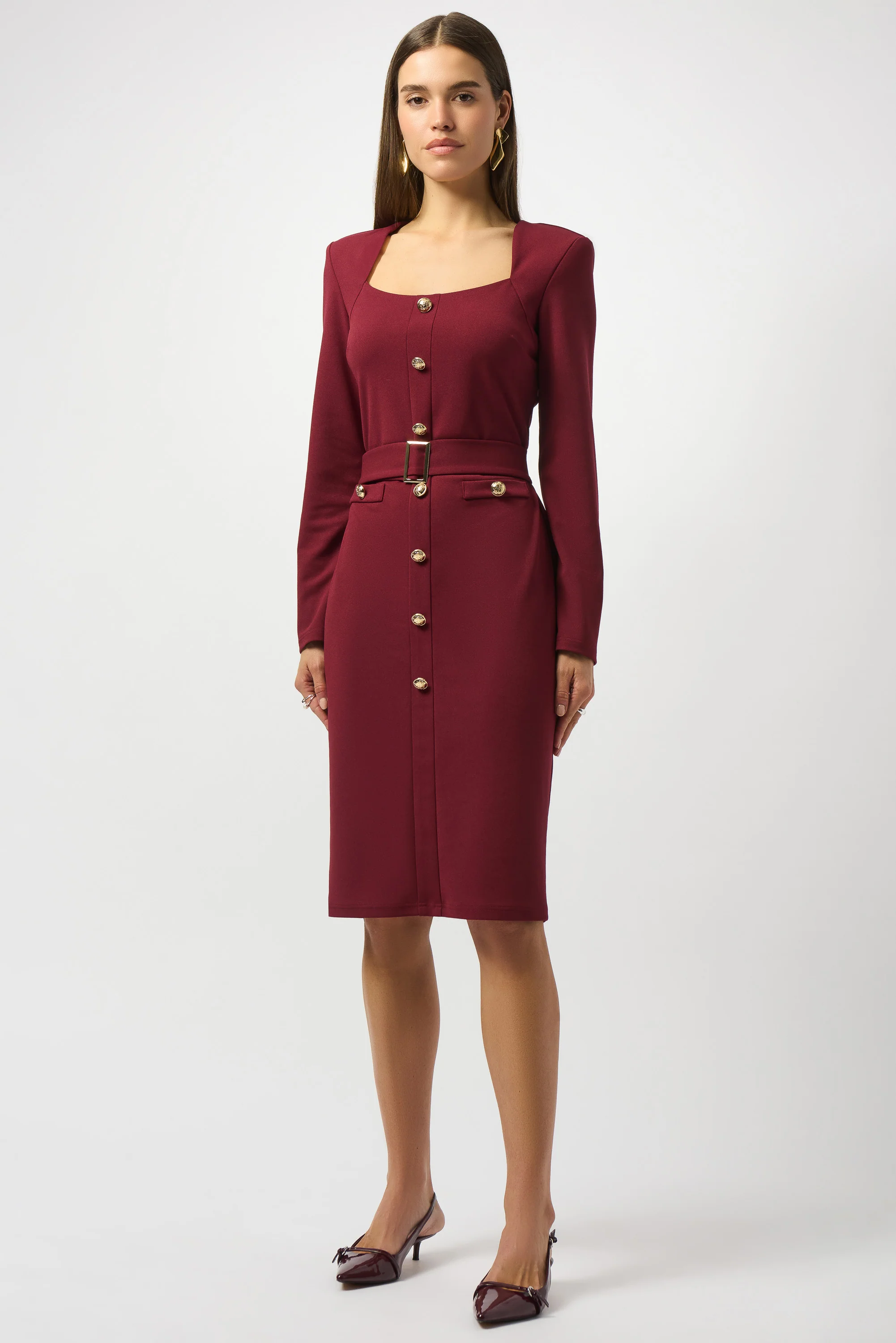 Joseph Ribkoff Merlot Scuba Crepe Belted Sheath Dress Style 253165 - Image 3