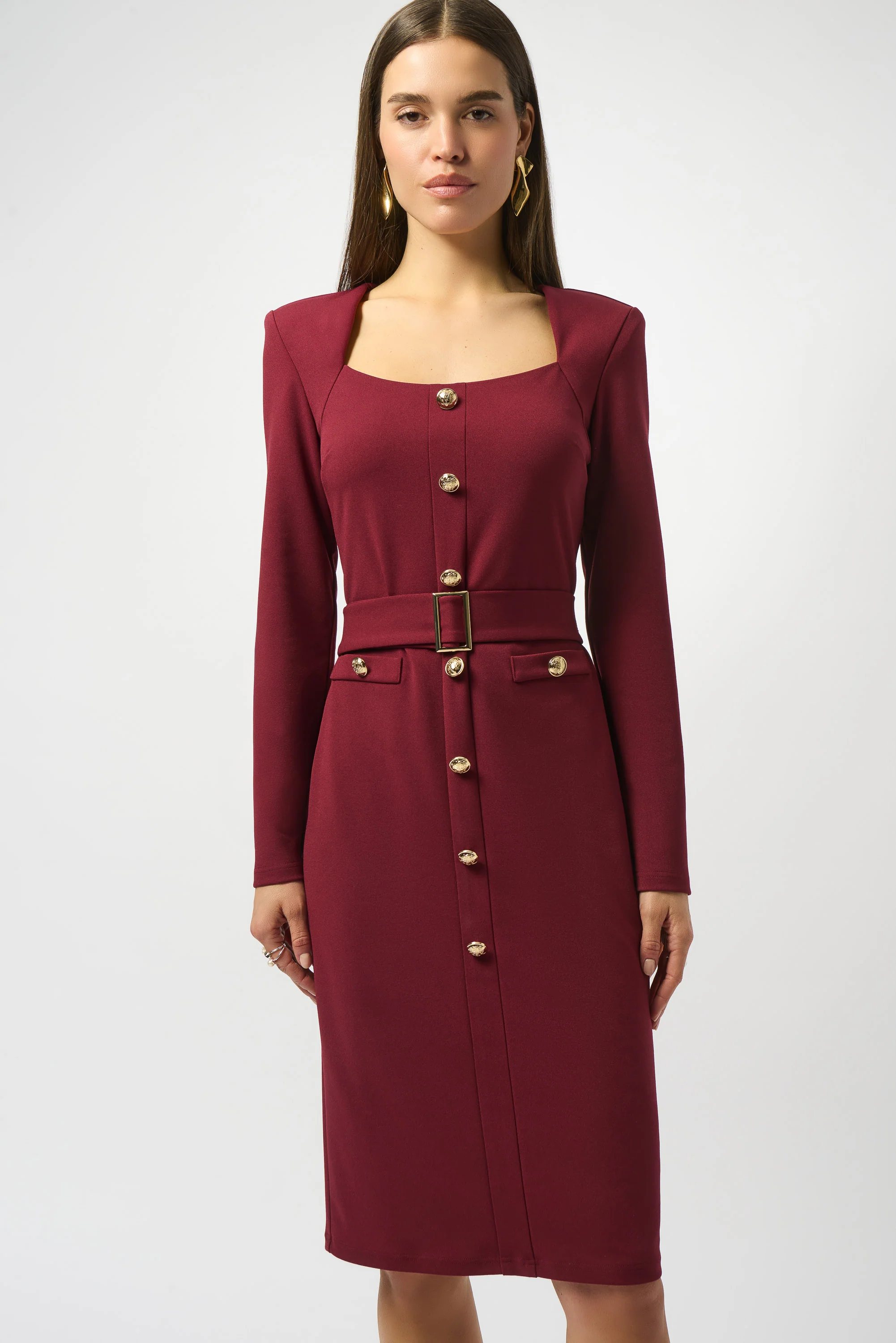 Joseph Ribkoff Merlot Scuba Crepe Belted Sheath Dress Style 253165 - Image 4