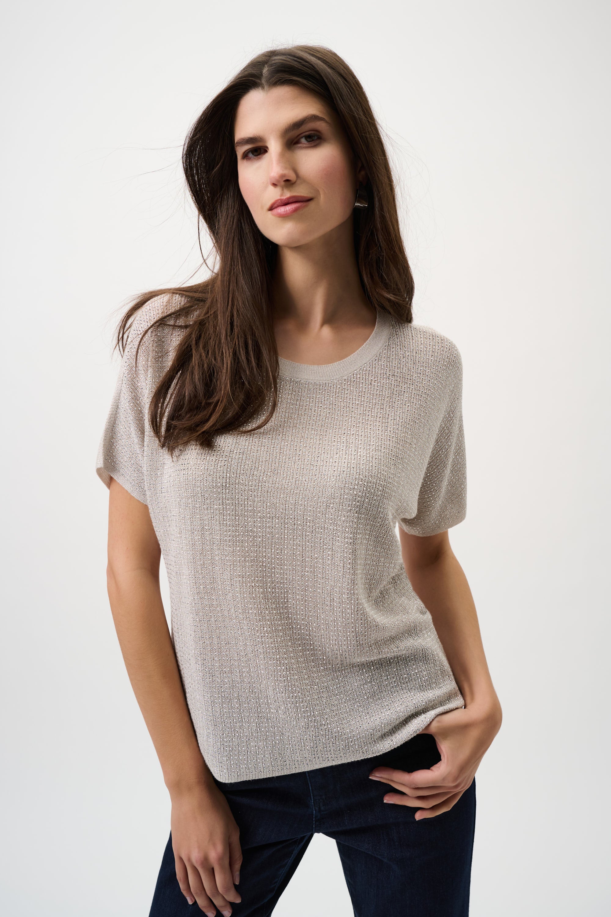 Joseph Ribkoff Metallic Knitted T-shirt with Rhinestones Style 263900CO - Image 3