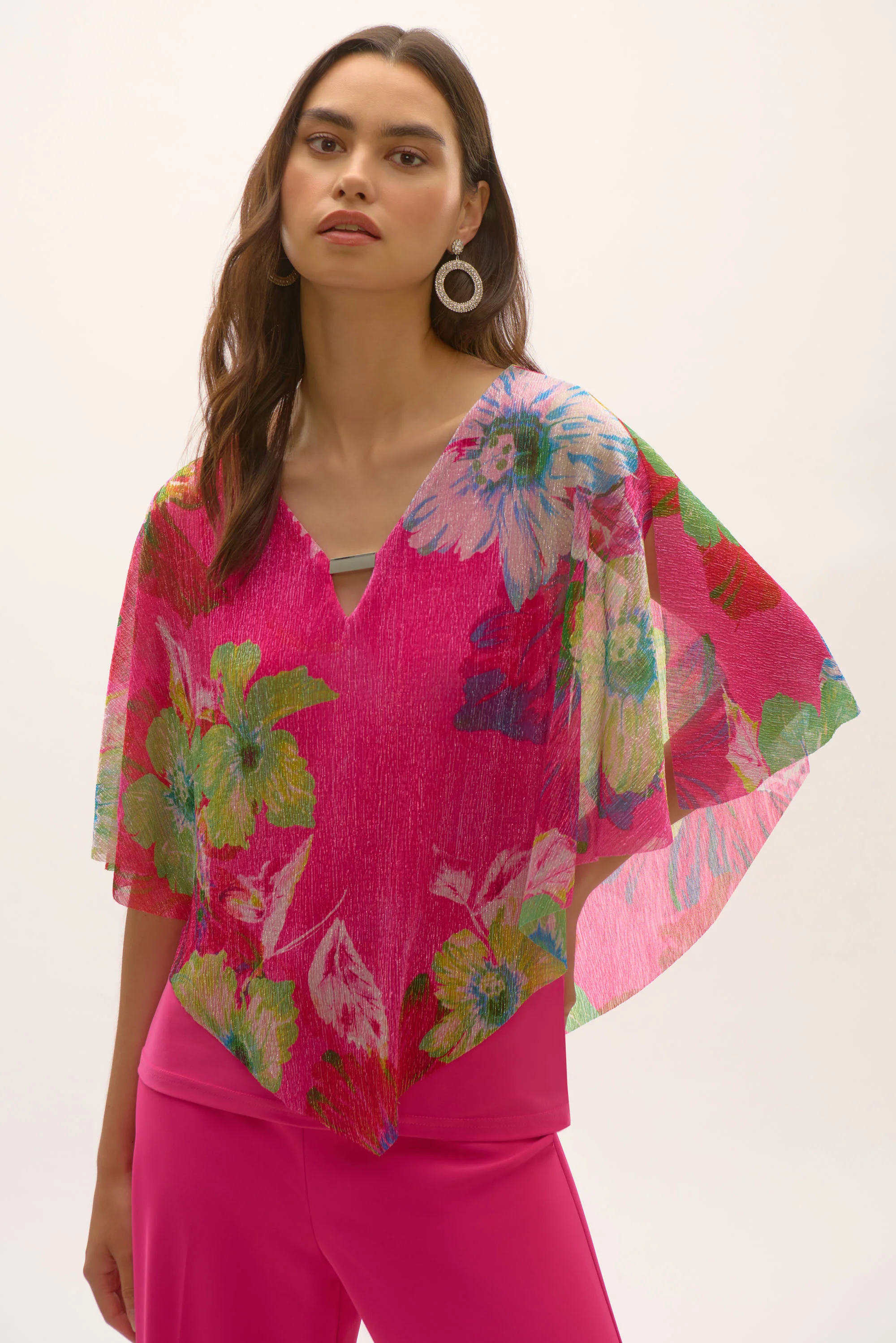 Joseph Ribkoff Metallic Pleated Knit Floral Print Poncho Top Style 252720